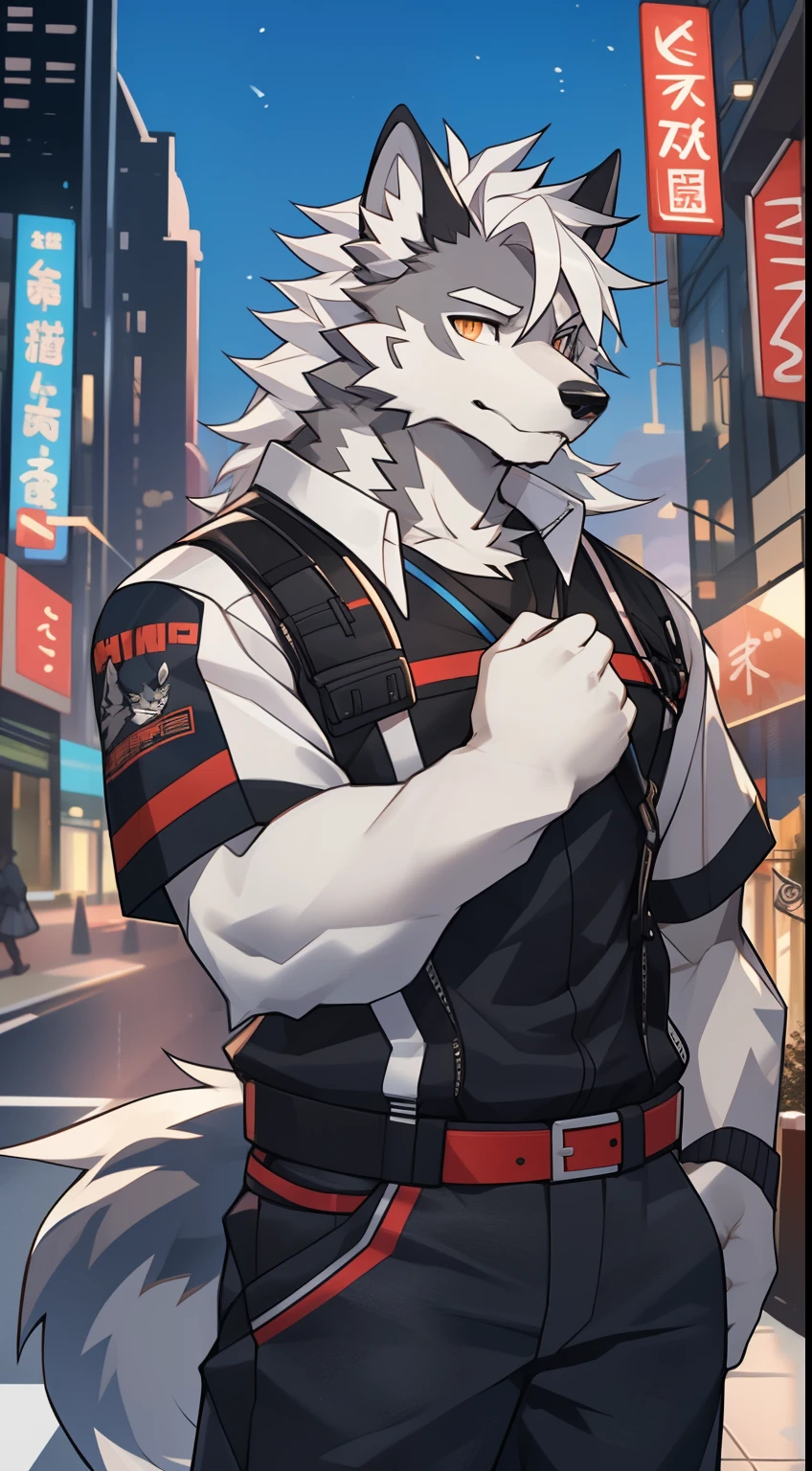 gray wolf，long white hair，City，golden pupils，Handsome，Have a better figure，Say hello by chance，Cai Xukun's