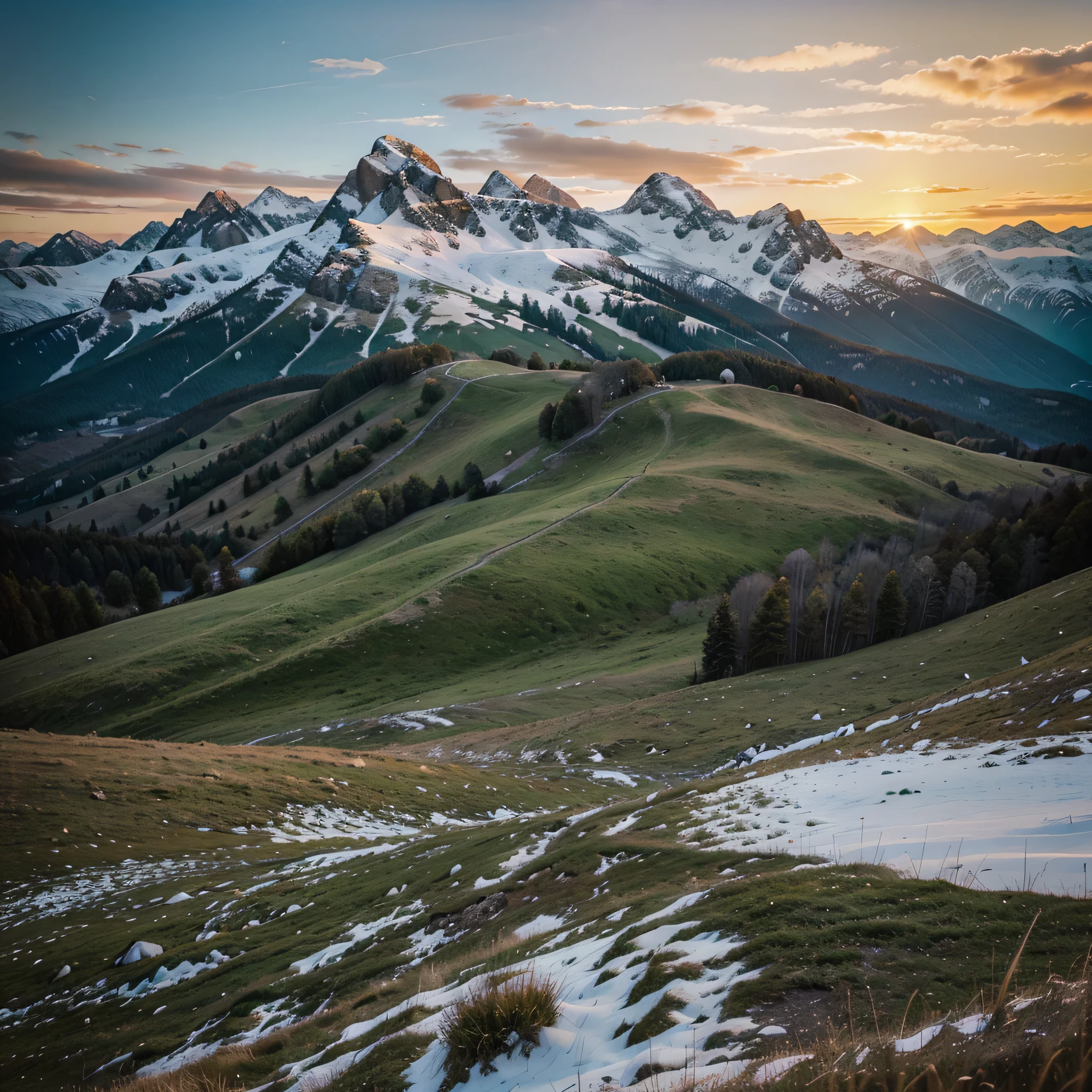 imaginary thrills, imaginary hills, pov view from an angle , showing great green grass mountains with some snow on top and a sunset in between the mountains