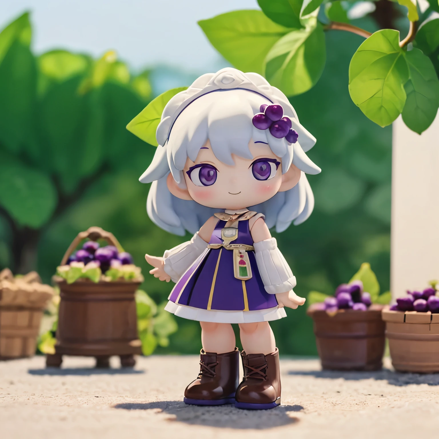 Octane Render、(Hyper-detailing: 1.15)、(Soft light、sharp: 1.2)、morning、Harvesting grapes, Enjoy grape picking、full body Esbian、Distinctive ethnic hair ornaments、Farm Boots、 Fuji Film, F/4.0, masutepiece, Anatomically correct、A smile, radiant light