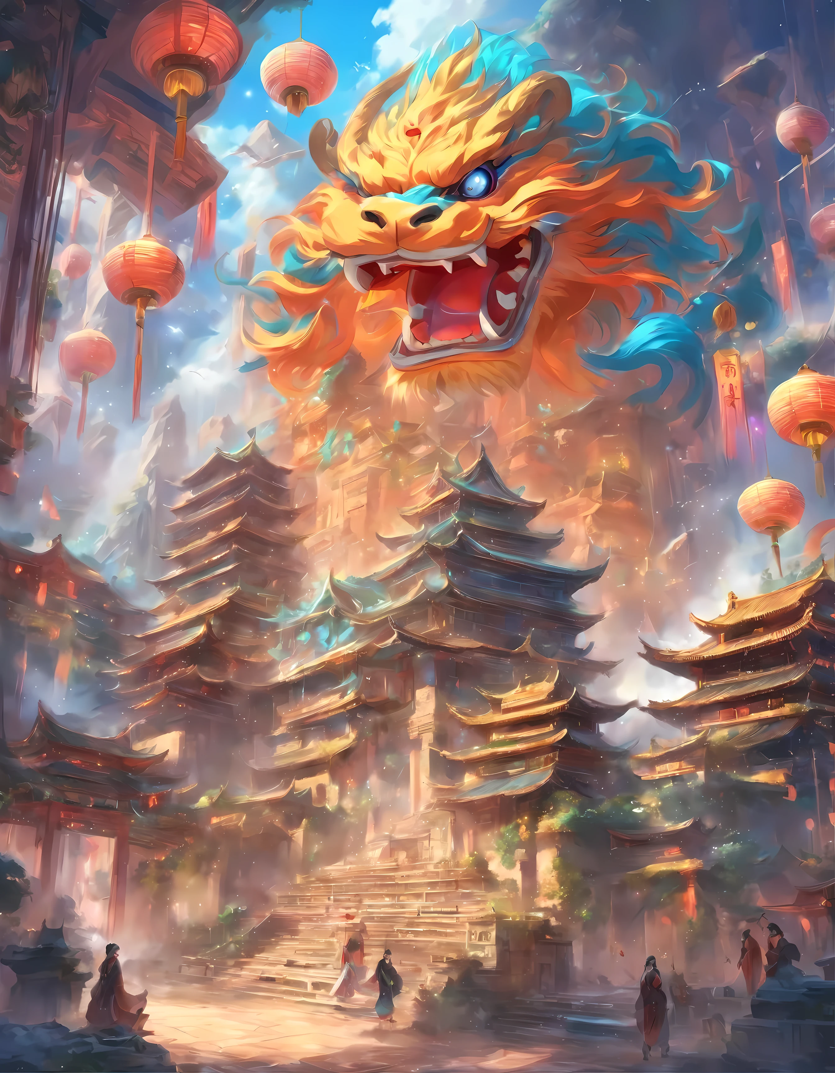 /Picture tips: Fantasy Chinese style scene,With mechanical and technological elements.,32k, best quality, masterpiece, Super detailed, high detail, author:Xin Haicheng ,Star Art Troupe Star Style, ——Rainbow 5"