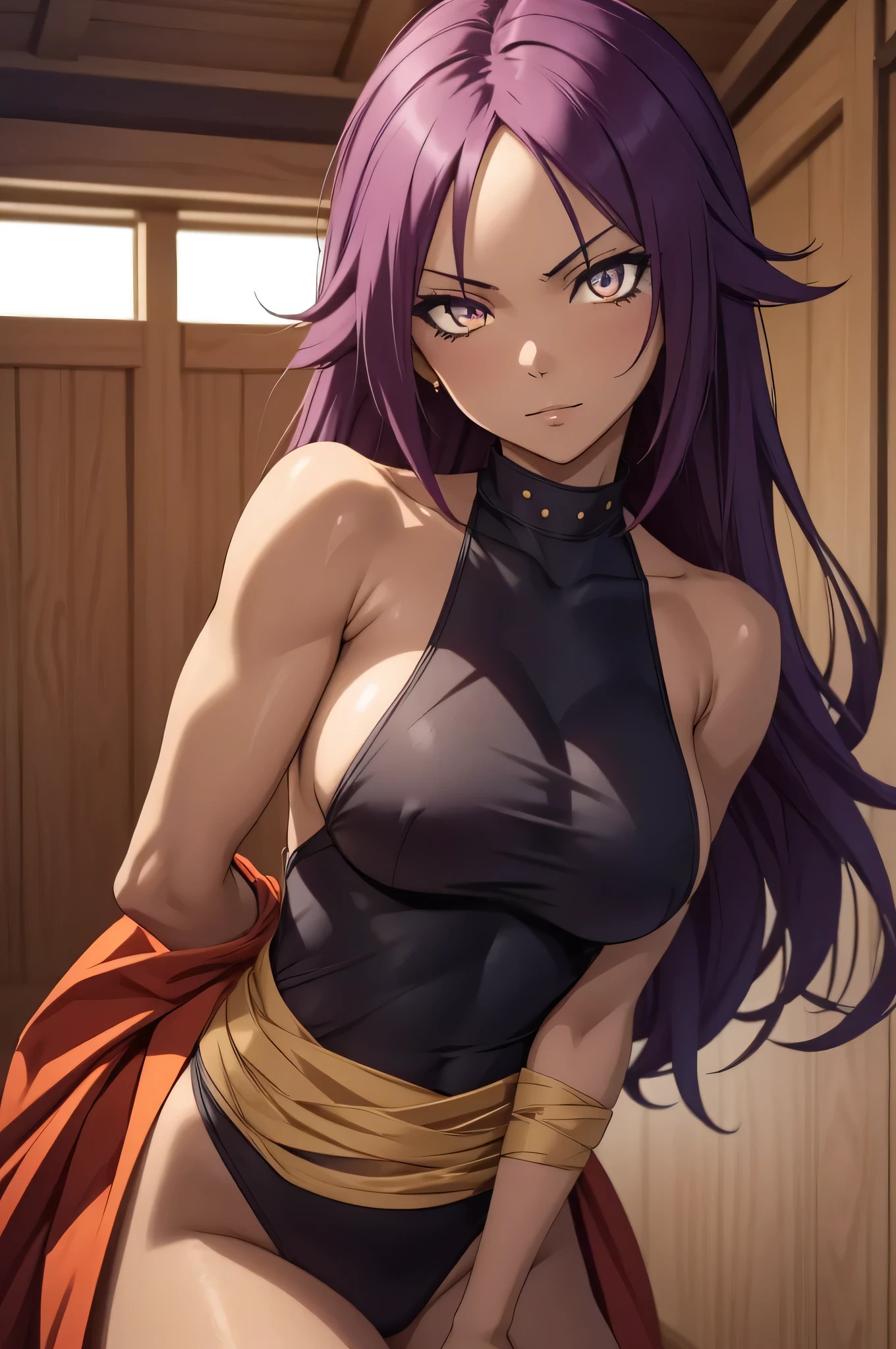 yoruichi shihouin, ((detailed eyes:1.2)), wearing miko outfit, nsfw, sexy, sensual, sleeveless, sideboob, masterpiece, top quality, best quality, official art, beautiful and aesthetic:1.2), extreme detailed, colorful, highest detailed