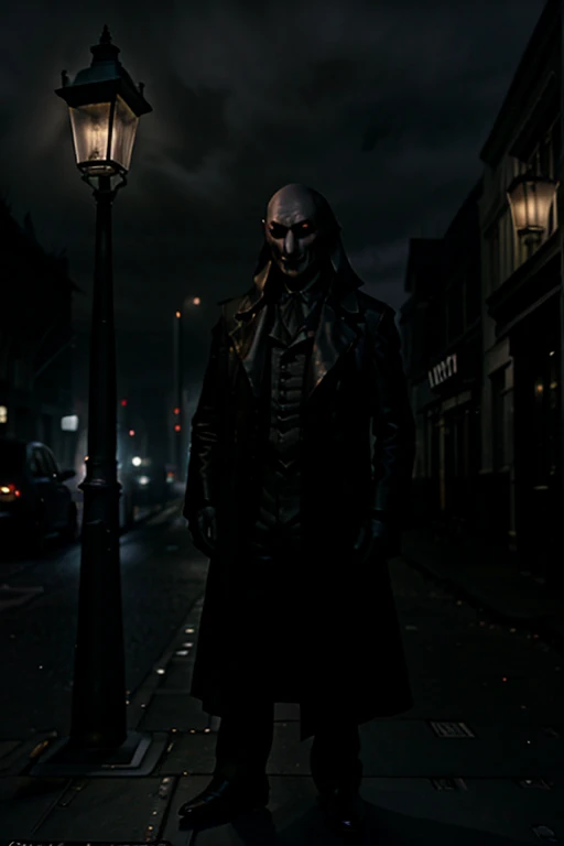 realistisch, Noir , Dark setting on the streets of London, Nosferatu stands under a street lamp and casts a long shadow