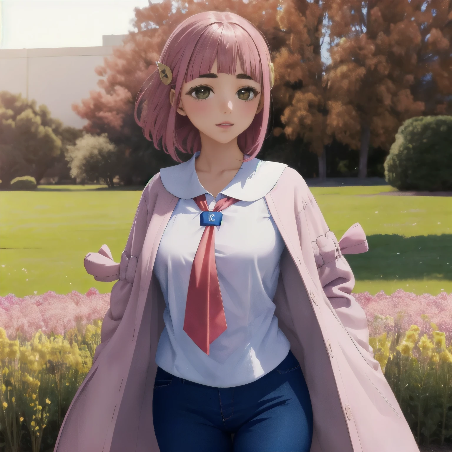 A girl with pink hair is standing alone in a sunny, flower-filled field. She is wearing a coat over a white shirt and blue pants, with a necktie. Her skin is highly detailed, with a blush on her cheeks. The scene is in a school classrooms with vibrant colors and dreamy lighting. The overall quality of the image is the highest possible, with high resolution and sharp focus. She is posing in a sultry adult way.