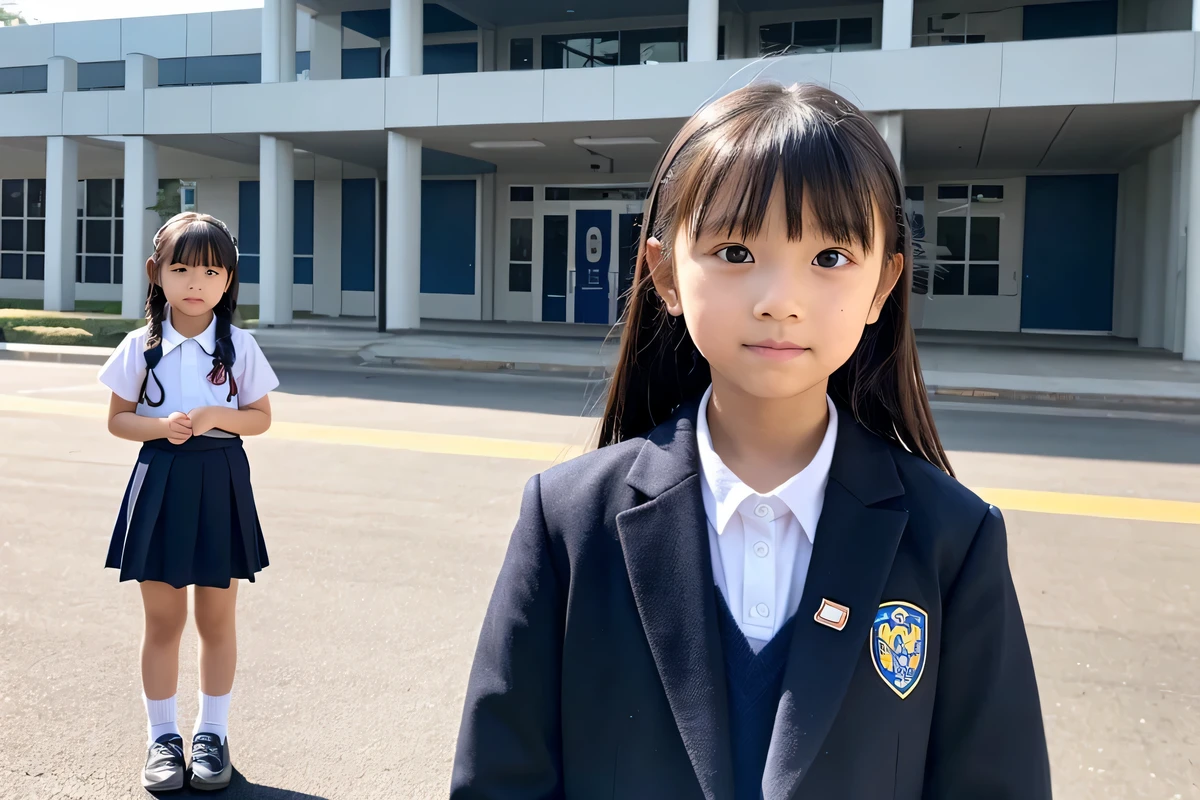 A 9--old l named Rin is standing in front of her school.。.