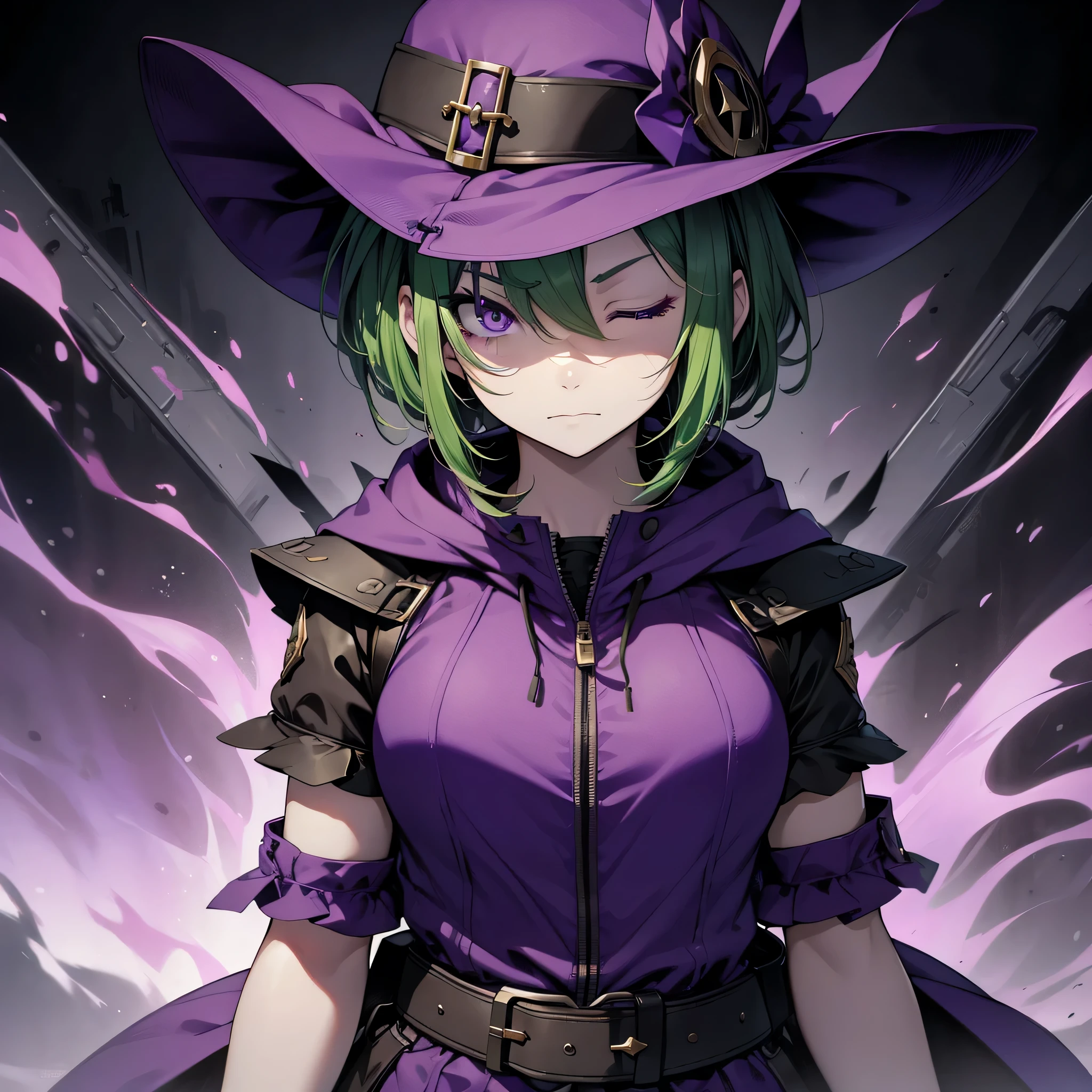 best image quality、expression of murderous intent、expression of hatred、purple eyes、green hair、(((closed one eye)))