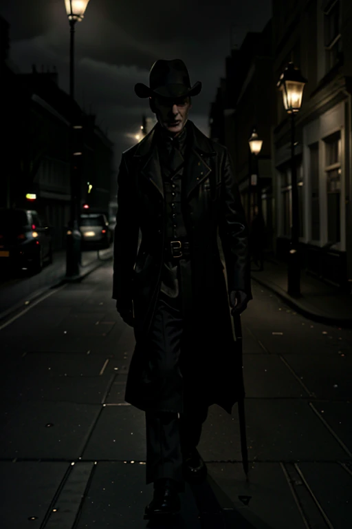 realistisch, Noir , Dark setting on the streets of London, steht Nosferatu gekleidet in einen Frack , He observes a young woman in a white dress from a hallway