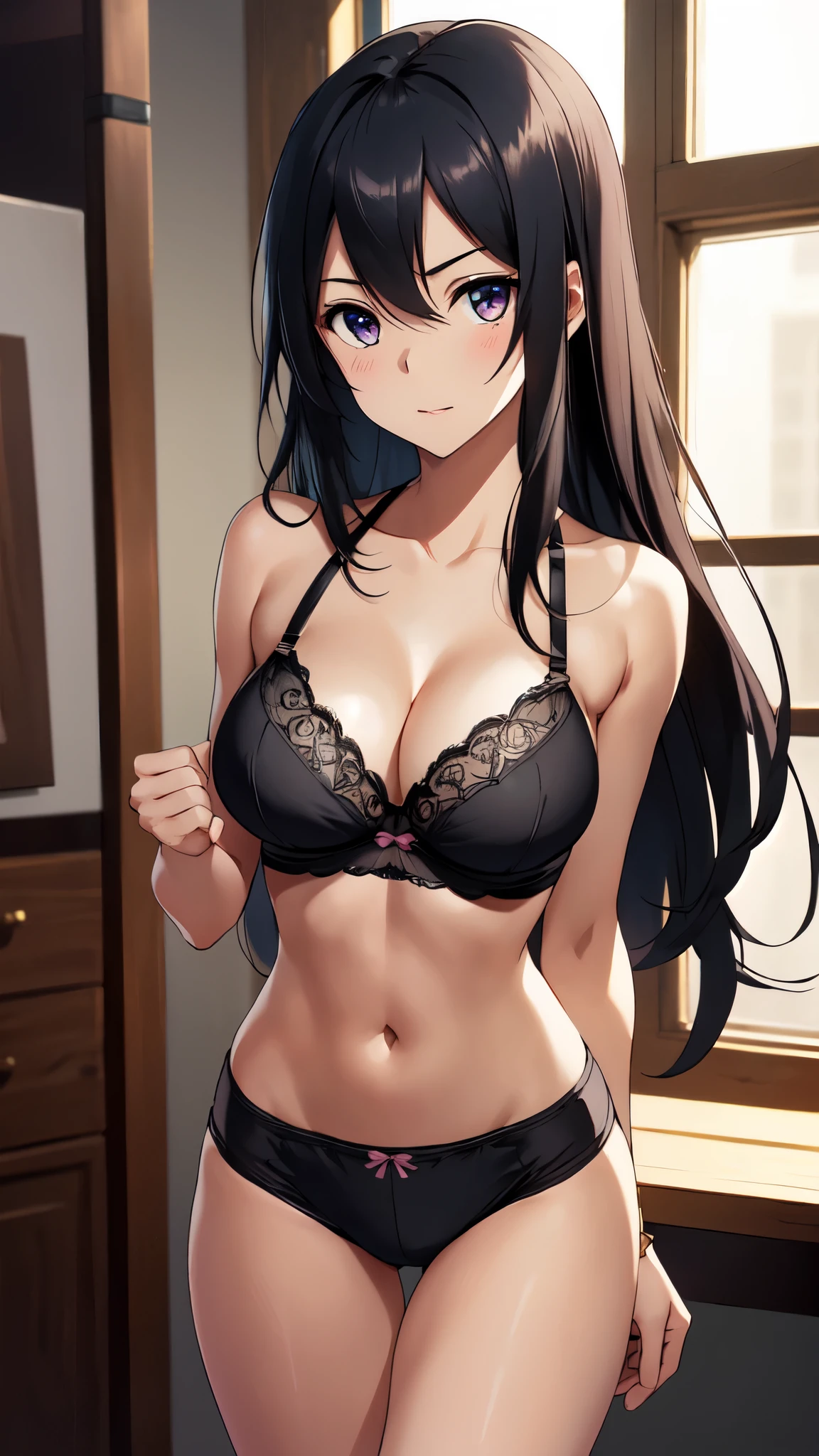 1girl, in front of you, looking at the audience, beautiful kirito_ggo, long hair, black hair, brown eyes, perfect proportion, slim toned body, huge tit, accentuate the breasts, H-cup, the cleavage of the breasts, seductive girl, gray sports bra, pink underpants, blue shorts, big hips, thigh, in room, best quality, masterpiece, intricate details, tonemapping, sharp focus, hyper detailed, trending on Artstation