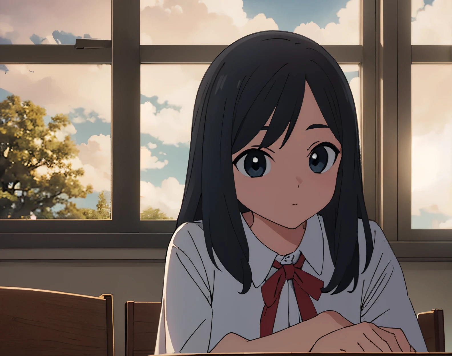 una mujer (mai togano) long dark hair in white blouse sitting on the chair inside a classroom with a background of the window and a park with children playing.