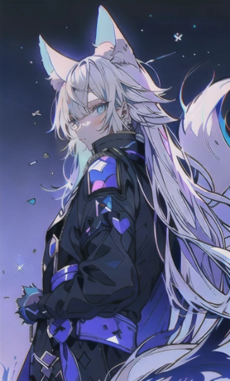 solo, 1boy,「white hair,cerulean blue」long hair,  {{nighthawk mask}},  There&#39;s a man wearing a costume, {fox tail,} {one wing on the back} Farson!!!!, furry Farson, furry characters, furry anime, Farson, furry paws furry, Furry shots, there is nothing, very hairy, furry artist, upright, [[[Anthropomorphic Nue]]] virtual youtuber, full body