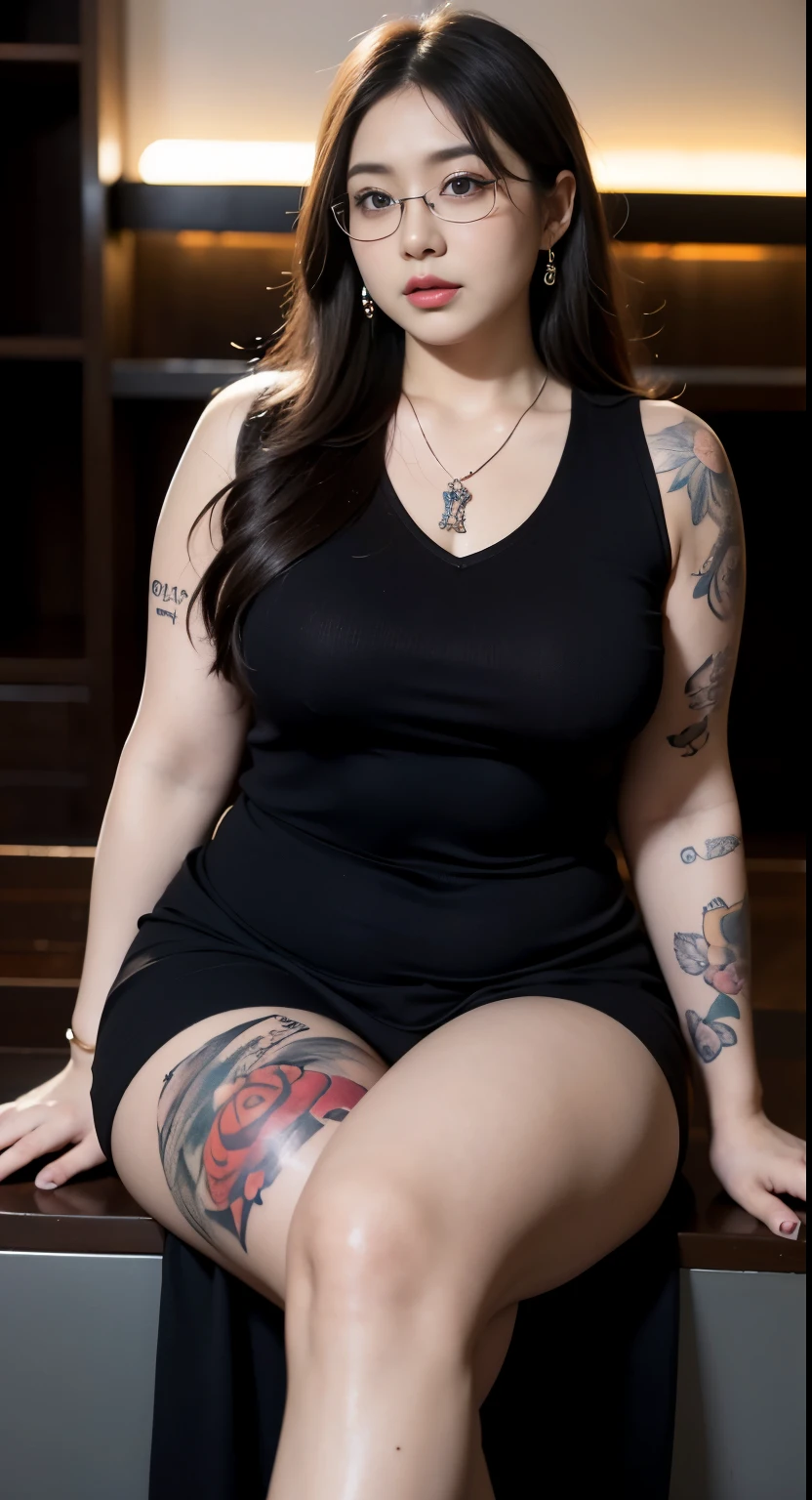 there is a woman sitting down with a longest brown hair, bbwchan, thicc, brown hijab outfit, brown hairstyle model, korean girl, korean woman, wearing brown robe, full length shot, alluring plus sized model, japanese goddess, clothed in hooded, voluptuous and arousing, portrait shot, curvy model, voluptuous body, wonderful, nene tanaka body , bbwchan, The overall atmosphere is smooth , haunting illustrations, extremely high-resolution details, photographic, realism pushed to extreme, fine texture, 4k, ultra-detailed, high quality, high contrast, red sneakers , cold atmosphere ,, cold atmosphere ,, ((Detailed texture of tattooed skin)), tattoo round breasts, irezumi tattoo style, tattoo on breasts, tttattoo, showing her thigh , tattoo on thigh, a close up of a woman with tattoos on her body, inked, tattooed body, fully tattooed body, tattooed, full-body tattoos, full - body tattoos, , full body tattoo, with tattoos, , tattoos, tattoos all over the skin, tattoos and piercings, ((Neka: 0.45)) LoRA, {{Big brother's tattooed woman Iremuzi tattoo style v1.0: 0.91}},, ((BohoAI v1.0 : 0.45)), bracelet , glasses , necklace