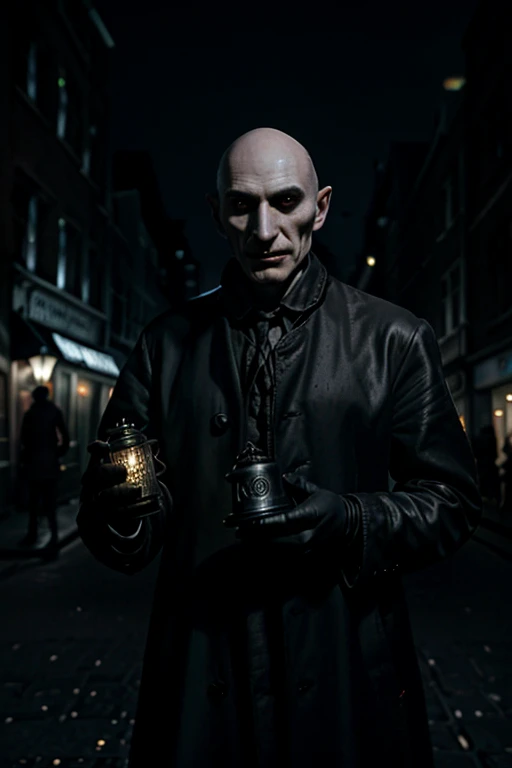 realistisch, Noir , Dark setting on the streets of London, steht Nosferatu gekleidet in einen Frack , He observes a young woman in a white dress from a hallway