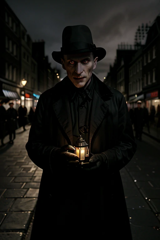 realistisch, Noir , Dark setting on the streets of London, steht Nosferatu gekleidet in einen Frack , He holds a lantern in his hand and watches a carriage
