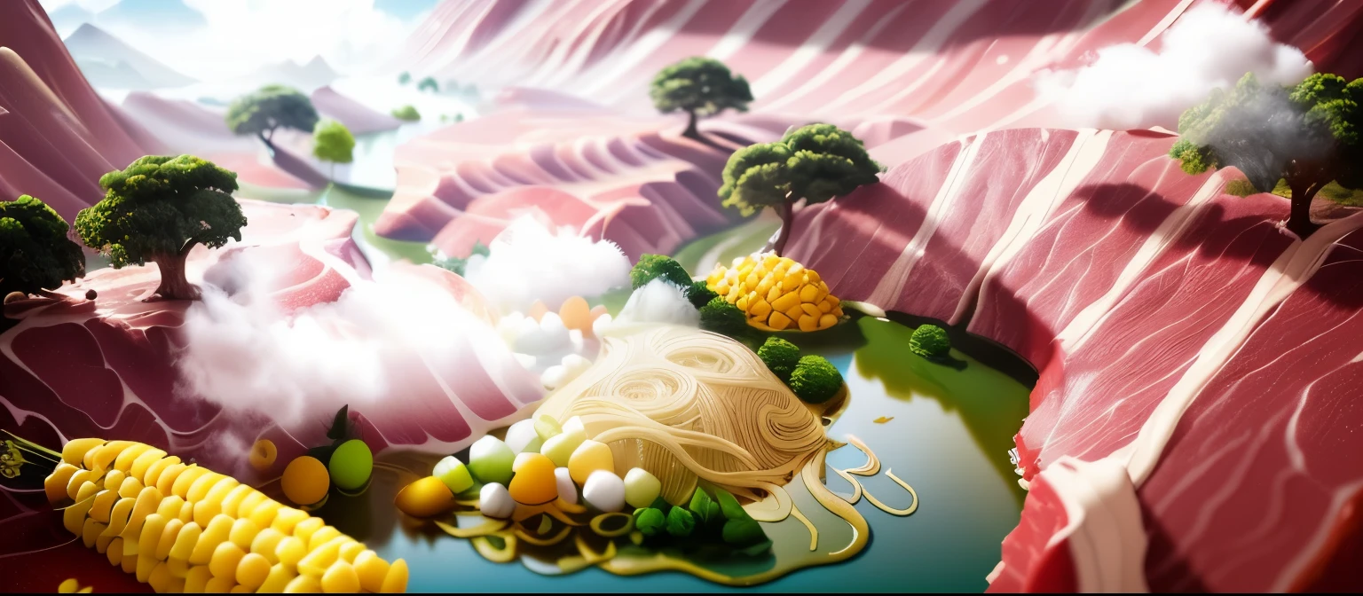 There is a picture of a plate of food,There was a lot of food on it, 3D epic illustration, amazing food illustration, an island made of food, Super realistic food pictures, Works by Vincent Callebaut, Beautiful digital art work, Surrealist digital artwork, stylized digital art, A beautiful artistic illustration, Organic matte paint, Fantasy food world, Surreal concept art