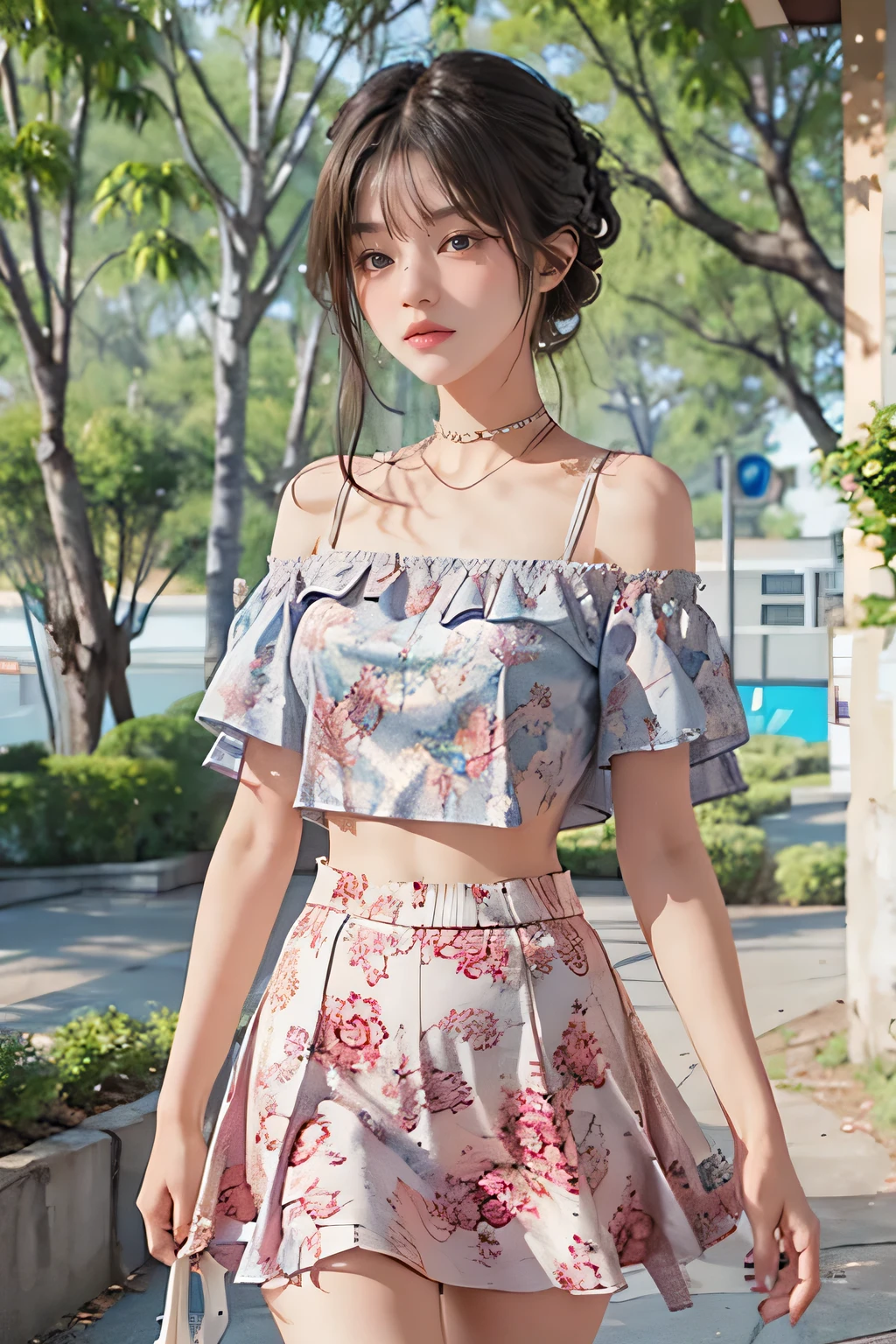 (best quality, masterpiece), 1girl, intricate details, off shoulder, skirt, choker, frills, see-through, looking at viewer, blush, upper body, blurry background, floral print, contrapposto