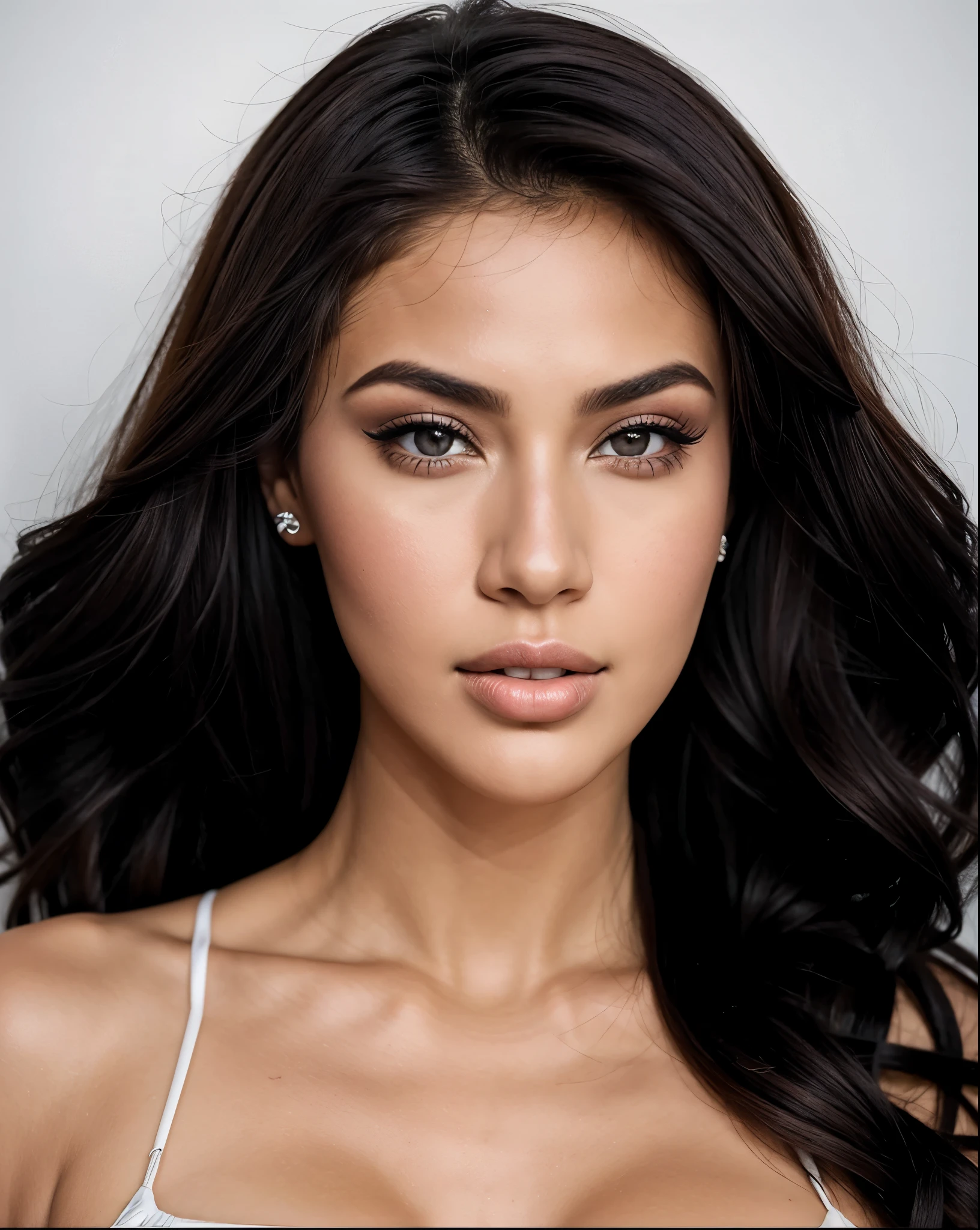 um close de uma mulher com longos cabelos pretos e fundo branco, cindy avelino, beleza de cair o queixo, beleza de cair o queixo, rosto sexy com maquiagem completa, lindo rosto latina, mai anh tran, o rosto de absurdamente lindo, rosto extremamente lindo, Violeta Myers, por Robbie Trevino, flawless face, by Byron Galvez