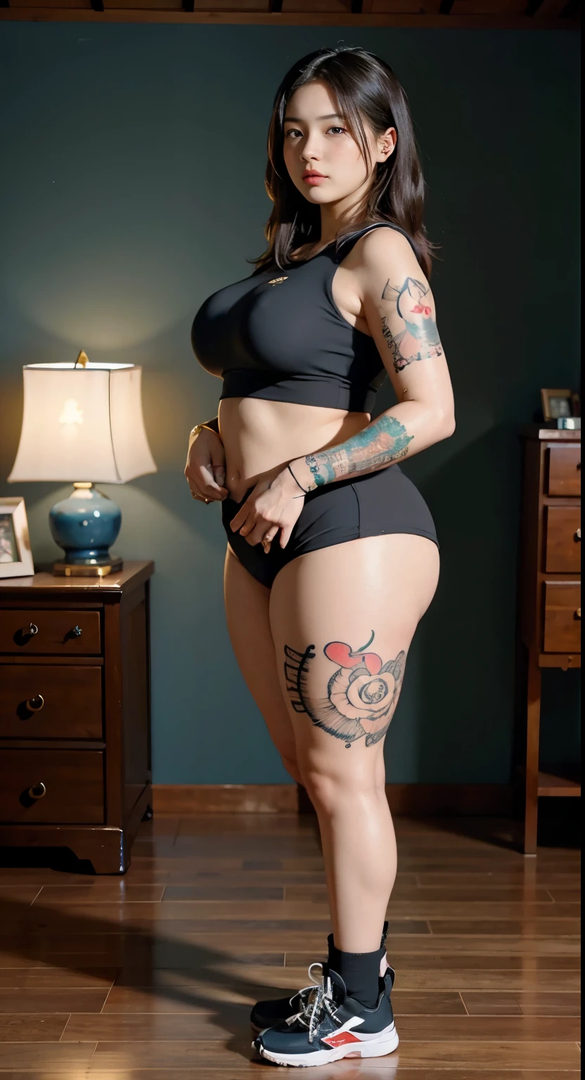 there is a woman standing with a longest brown hair, bbwchan, thicc, brown hijab outfit, brown hairstyle model, korean girl, korean woman, wearing brown robe, full length shot, alluring plus sized model, japanese goddess, clothed in hooded, voluptuous and arousing, portrait shot, curvy model, voluptuous body, wonderful, nene tanaka body , bbwchan, The overall atmosphere is smooth , haunting illustrations, extremely high-resolution details, photographic, realism pushed to extreme, fine texture, 4k, ultra-detailed, high quality, high contrast, red sneakers , cold atmosphere ,, cold atmosphere ,, ((Detailed texture of tattooed skin)), tattoo round breasts, irezumi tattoo style, tattoo on breasts, tttattoo, showing her thigh , tattoo on thigh, a close up of a woman with tattoos on her body, inked, tattooed body, fully tattooed body, tattooed, full-body tattoos, full - body tattoos, , full body tattoo, with tattoos, , tattoos, tattoos all over the skin, tattoos and piercings, ((Neka: 0.45)) LoRA, {{Big brother's tattooed woman Iremuzi tattoo style v1.0: 0.91}},, ((BohoAI v1.0 : 0.45))