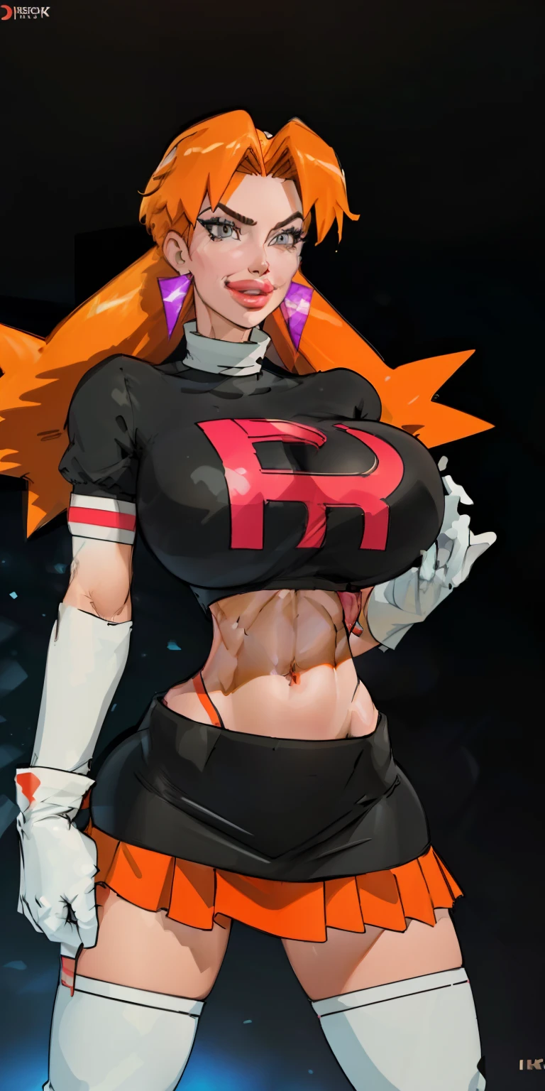 (best quality,4k,8k,highres,masterpiece:1.2),ultra-detailed),HDR,UHD,1girl, full body, (slendered abs), of beautiful cassidy, ((black top:1.3)), looking at viewer, volumetric lighting, best quality, masterpiece, realistic , (gigantic breasts), 1girl, face portrait of ((cassidy)), pokemon villianess, giant letter R on chest, evil smile, form fitting clothing,volumetric lighting, , best quality, masterpiece, retro artstyle, ((cassidy)), (gigantic breasts), (orange hair), ((black skirt)), ((white hip-boots)), (navel), long hair, ((white opera gloves)), cowboy shot, midriff