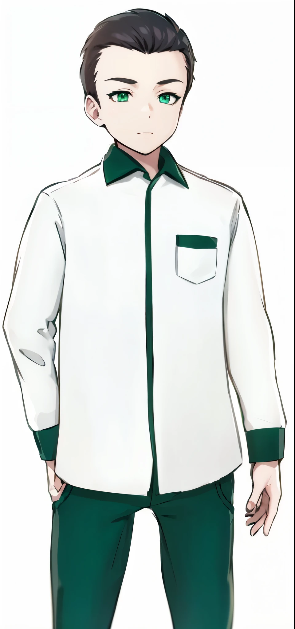 anime,boy,green eyes,detailed features,long eyelashes,shirt,pants,ager,vibrant colors,stylized,full body,dynamic pose,expressive face,summer garden setting,bright sunlight,soft shadows,immersive background scenery,happy and carefree expression,fantasy-like atmosphere,painting-like effect,crisp details,best quality,masterpiece:1.2