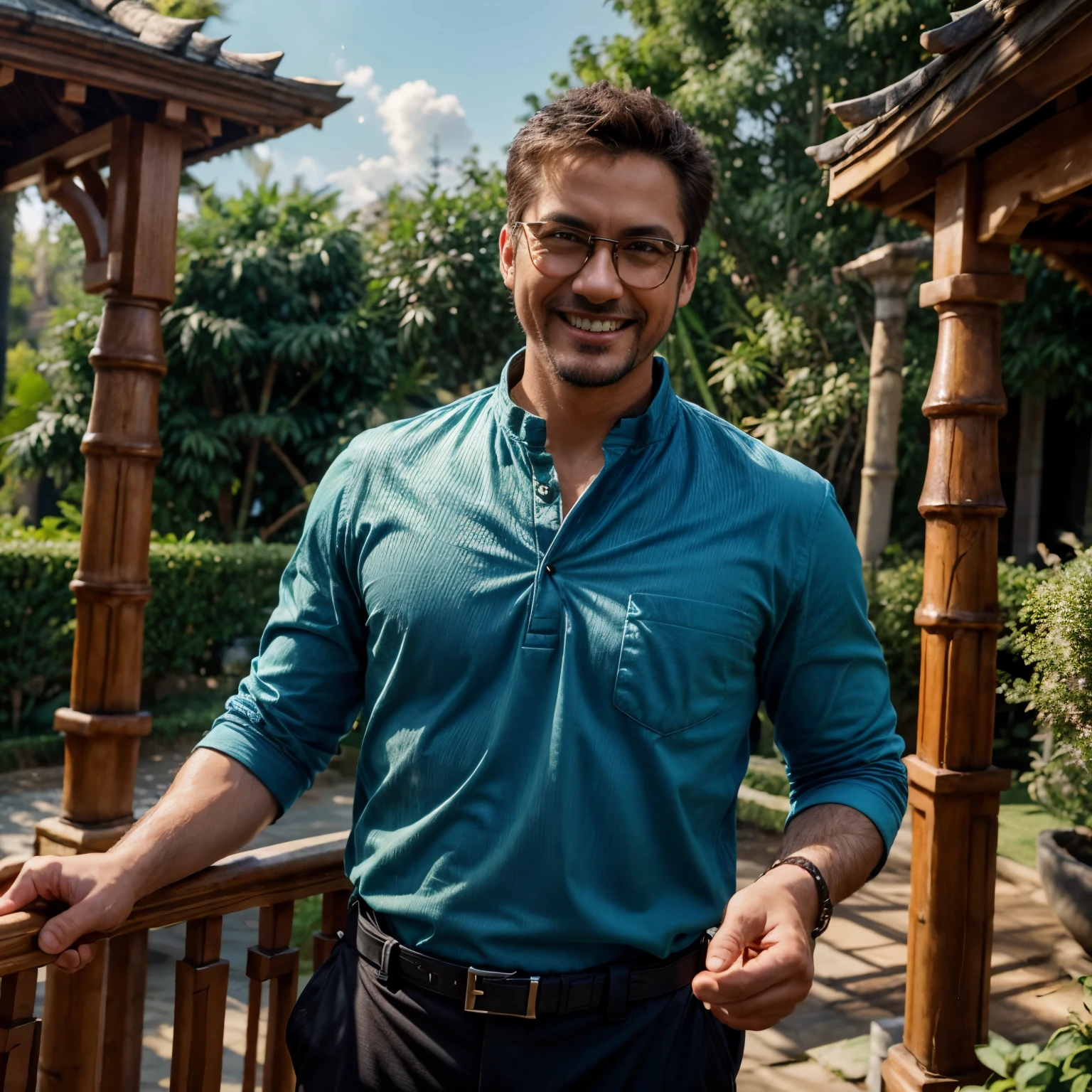 3D illustration of a 30 year old man wearing a turkish blue outdoor shirt, black outdoor trousers and tony stark glasses, smiling at the camera with his teeth slightly visible, formal hands in front with a green garden background and several trees behind him, there is a bamboo gazebo on the side and there is construction of a two-story house at the back