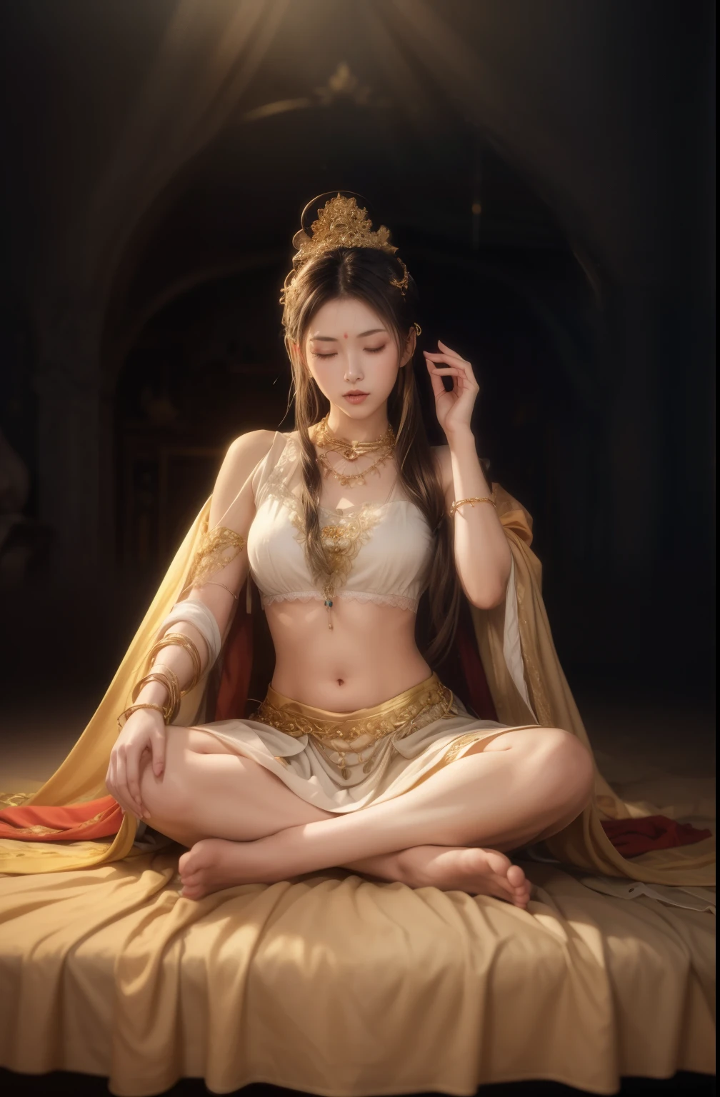 a girl，alone，gray background，artistic lighting，Beautiful Asian goddess，long brown hair，high ponytail，Blonde headband，Exquisite facial features，Thin white lace dress，Gold embroidery on the skirt，sleeveless，smooth skin，huge :1.5，Meditate with your eyes closed，center，symmetry，whole body:1.5，from below，abdominal shot