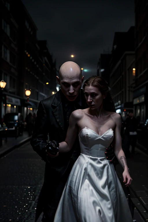 realistisch, Noir , Dark setting on the streets of London, steht Nosferatu gekleidet in einen Frack , He is chasing a young woman in a white dress and in his hand he is holding a dagger ready to stab her