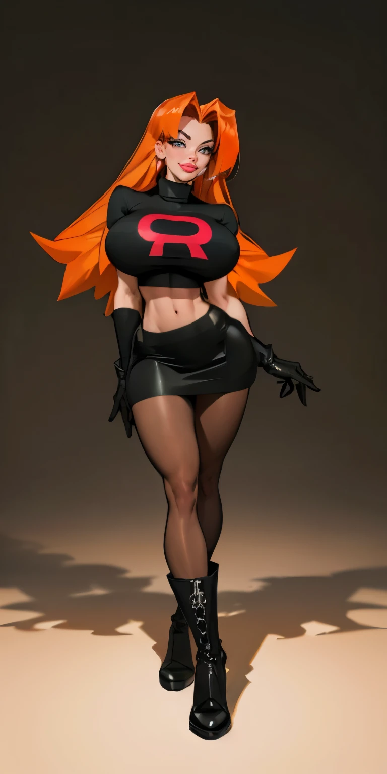 (best quality,4k,8k,highres,masterpiece:1.2),ultra-detailed),HDR,UHD,1girl, full body of beautiful jessie, (black turtleneck top), looking at viewer, volumetric lighting, best quality, masterpiece, realistic , (gigantic breasts), 1girl, face portrait of cassidy evil smile, team rocket,volumetric lighting, best quality, masterpiece, retro artstyle, ((cassidy)),(orange hair), (gigantic breasts), ((orange hair)), ((team rocket uniform)), short black skirt,midriff, ((long black boots)), pantyhose, navel, long hair, ((black opera gloves))