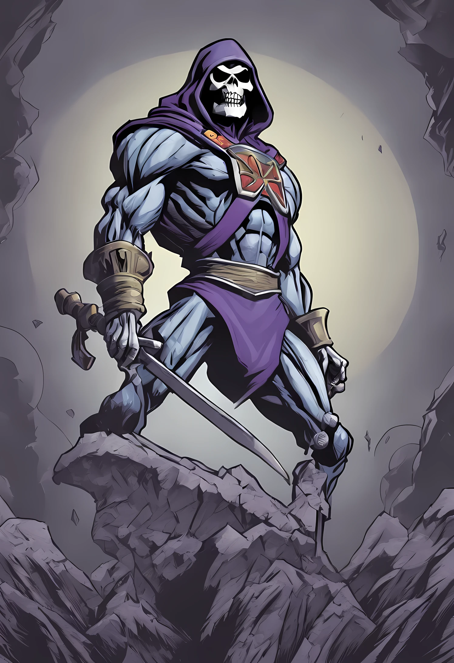 strong male, ð,â ï¸, blue bodysuit, purple hooded cloak, gorget, crossbelt, purple vambraces, loincloth, waistguard, purple boots, looking at viewer, sitting ina skull throne, inside a dungeon.
dim light, cinematic shot, masterpiece, absurdres, HD, 8k.
Low Angle Shot with Deep Perspective.