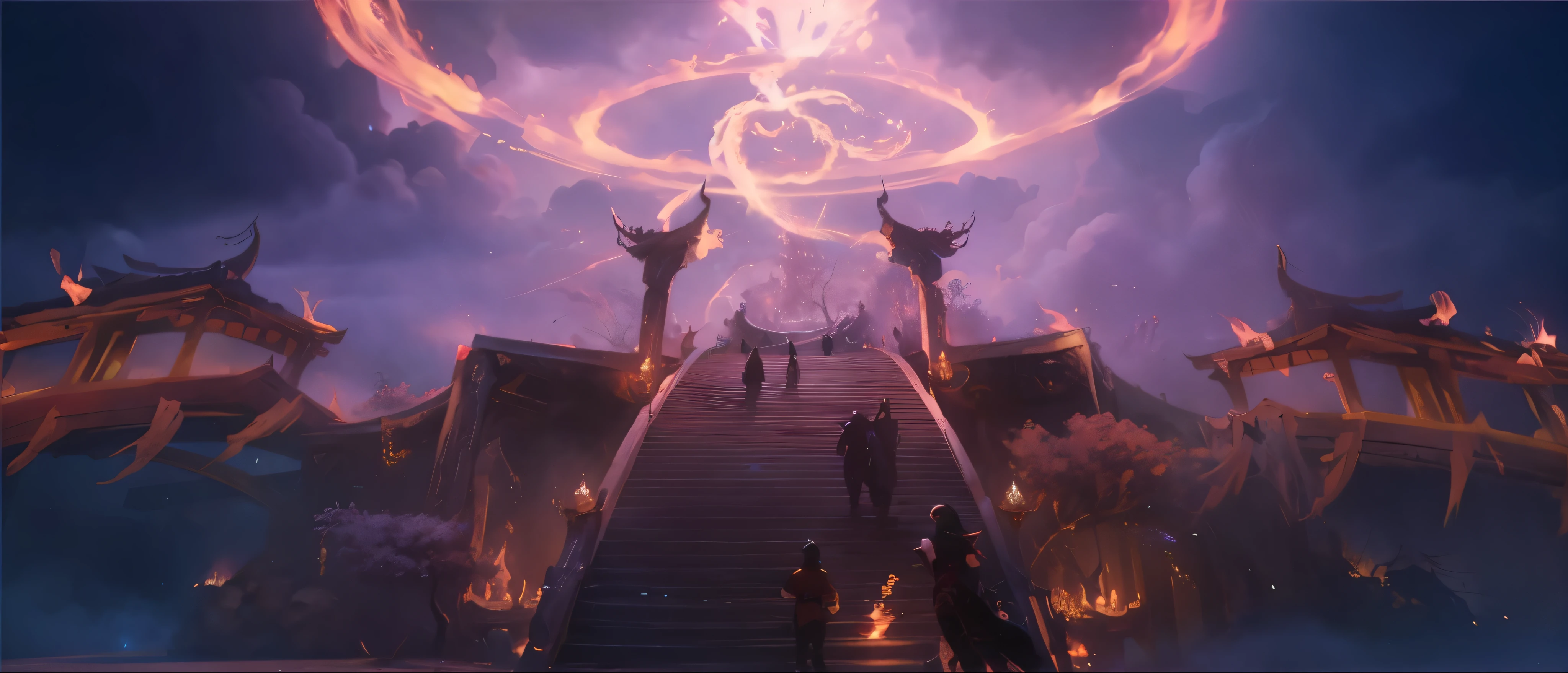 Arafad sees the stairs leading to the large fireworks, Riot Games Concept Art, League of Legends Concept Art, Fantastic Highlights of Concept Art, concept art stunning atmosphere, Matte Arcane Dota Pixar, World of Warcraft concept art, Dota 2 concept art, Amazing concept art, World of Warcraft splash art, Blizzard game concept art, Purple flames around the magic arena