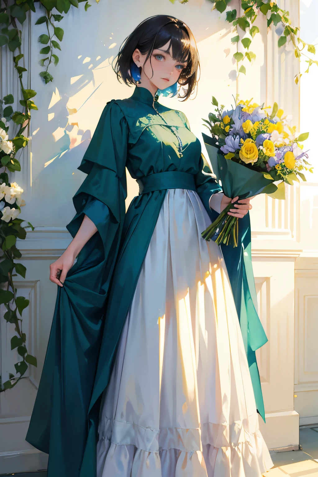 (Sargent style watercolor)、(highest quality、masterpiece)、A woman standing in front of a white wall with a bouquet of flowers, with short hair, With ivy, wearing blue-green clothes, with flowers,high quality photos, with cloak, green clothes, photo shoot, girl portrait, beautiful!!, wears long flowing clothes, casual pose, Simple aesthetics