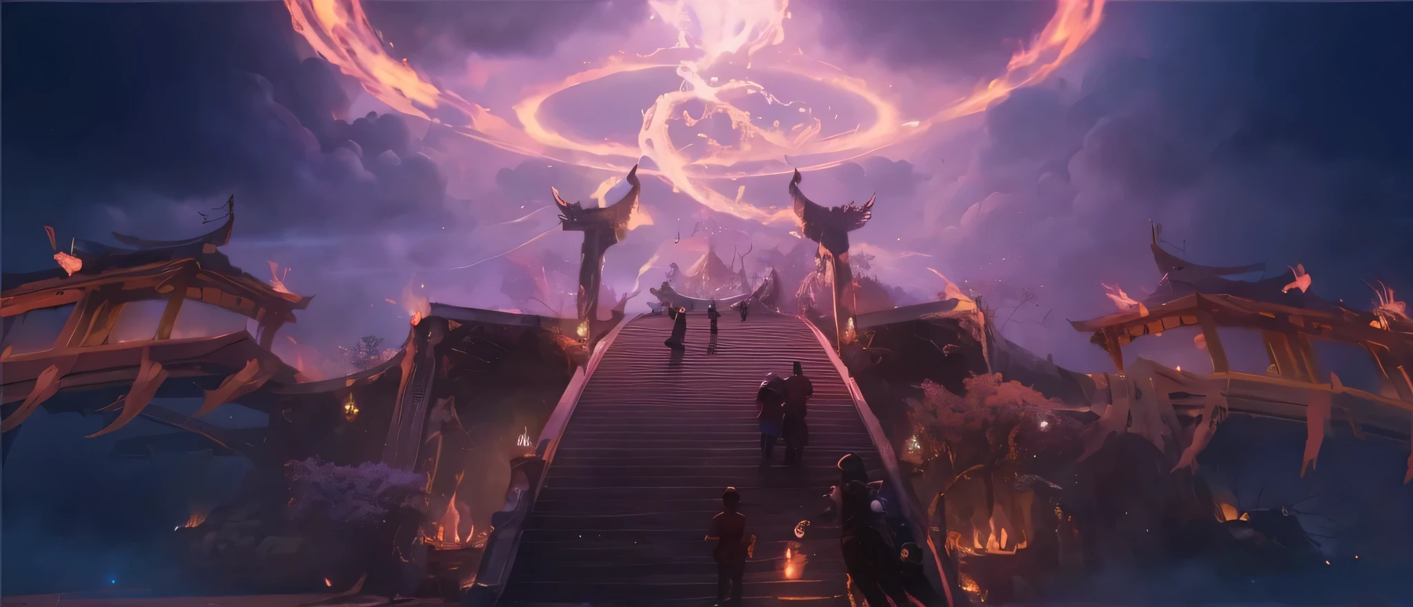 Arafad sees the stairs leading to the large fireworks, Riot Games Concept Art, League of Legends Concept Art, Fantastic Highlights of Concept Art, concept art stunning atmosphere, Matte Arcane Dota Pixar, World of Warcraft concept art, Dota 2 concept art, Amazing concept art, World of Warcraft splash art, Blizzard game concept art, Purple flames around the magic arena