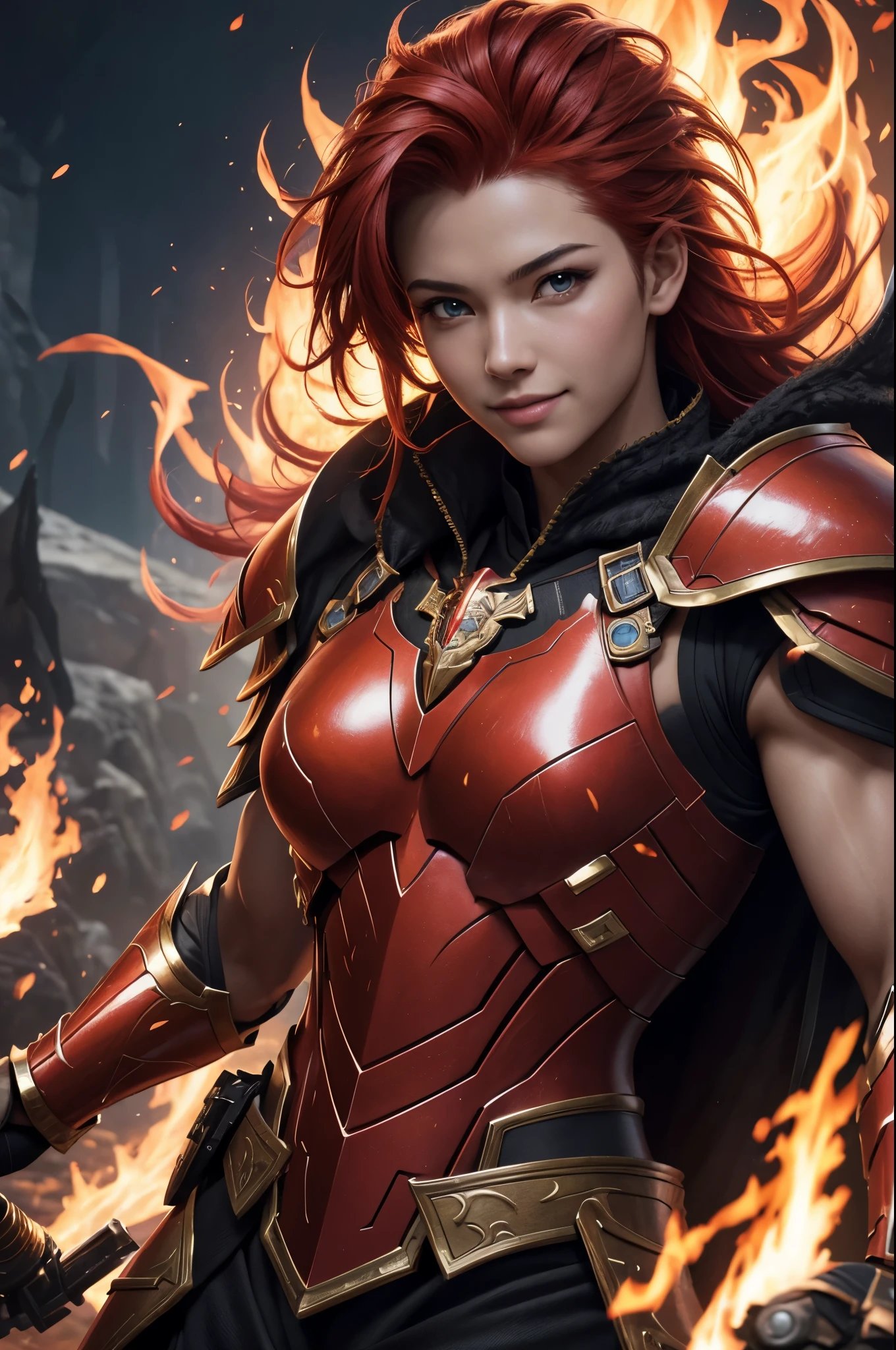 8k、alone、smileの16歳の炎神の女神,Super beautiful(like the real thing),red eyes,Super beautiful,beautiful red mohawk hair,Flashy flame god makeup,gorgeous red chest armor(flame emblem),sexy,Remains,amazing work of art、wind effect:1.9、cloud effect:1.2,full rendering、unreal engine,ultra high resolution,super realistic skin,Super precise hand details,fantasy art,Photorealistic RAW photos of the highest quality。Backlight, cinematic lighting, film grain, to be born, 50mm lens, Nikon D850,realistic skin,fantasy art,character art,ultra high resolution,Macho with a muscular slender body,Precise facial details,smile,Improve the quality of facial expressions,accurate human body structure,perfect hands,Flame Hair Ornament,red flame shoulder armor(flame emblem),red flame gauntlet(flame emblem),red flame leg armor(flame emblem),Violent and strongly cracked abdominal muscles,