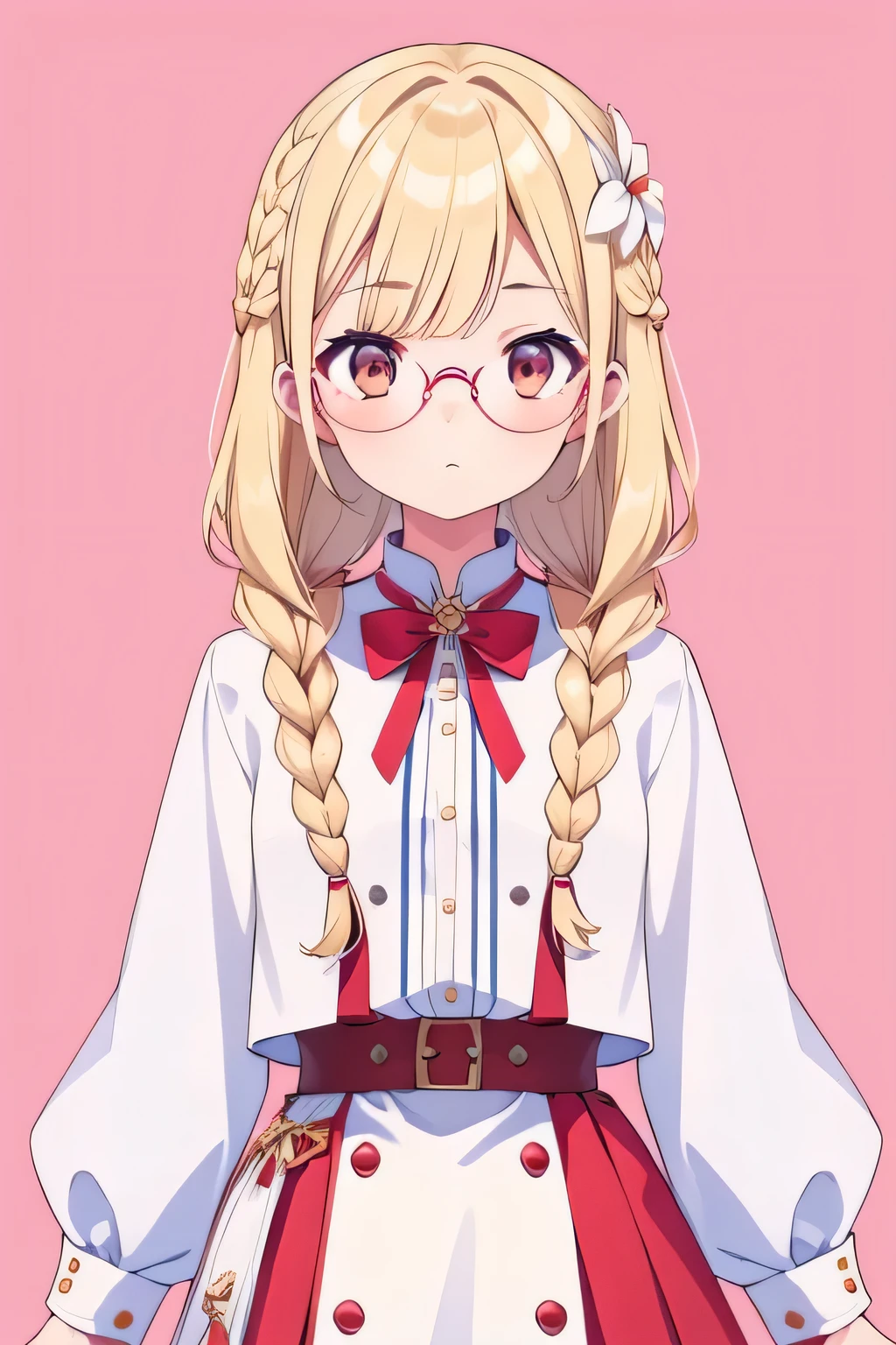 1girl, small, blonde hair, wearing white shirt, red skirt, open on hand jacket, brown eyes, 8k resolutions, best quality, hair ornament on right flower, blue background, wearing round glasses, parted bangs, long hair, braids hair