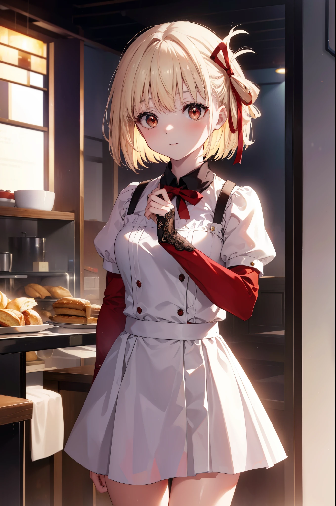 chisatonishikigi, nishikigi chisato, short hair, bangs, blonde hair, (red eyes:1.5), hair ribbon, one side up, bob cut,squinting,mouth open,smile,she was wearing a maid long skirt, white stockings on her legs, and lace gloves,I'm lifting my skirt,
break indoors, coffee shop,
break looking at viewer, (cowboy shot:1.5),
break (masterpiece:1.2), highest quality, High resolution, unity 8k wallpaper, (figure:0.8), (detailed and beautiful eyes:1.6), highly detailed face, perfect lighting, Very detailed CG, (perfect hands, perfect anatomy),