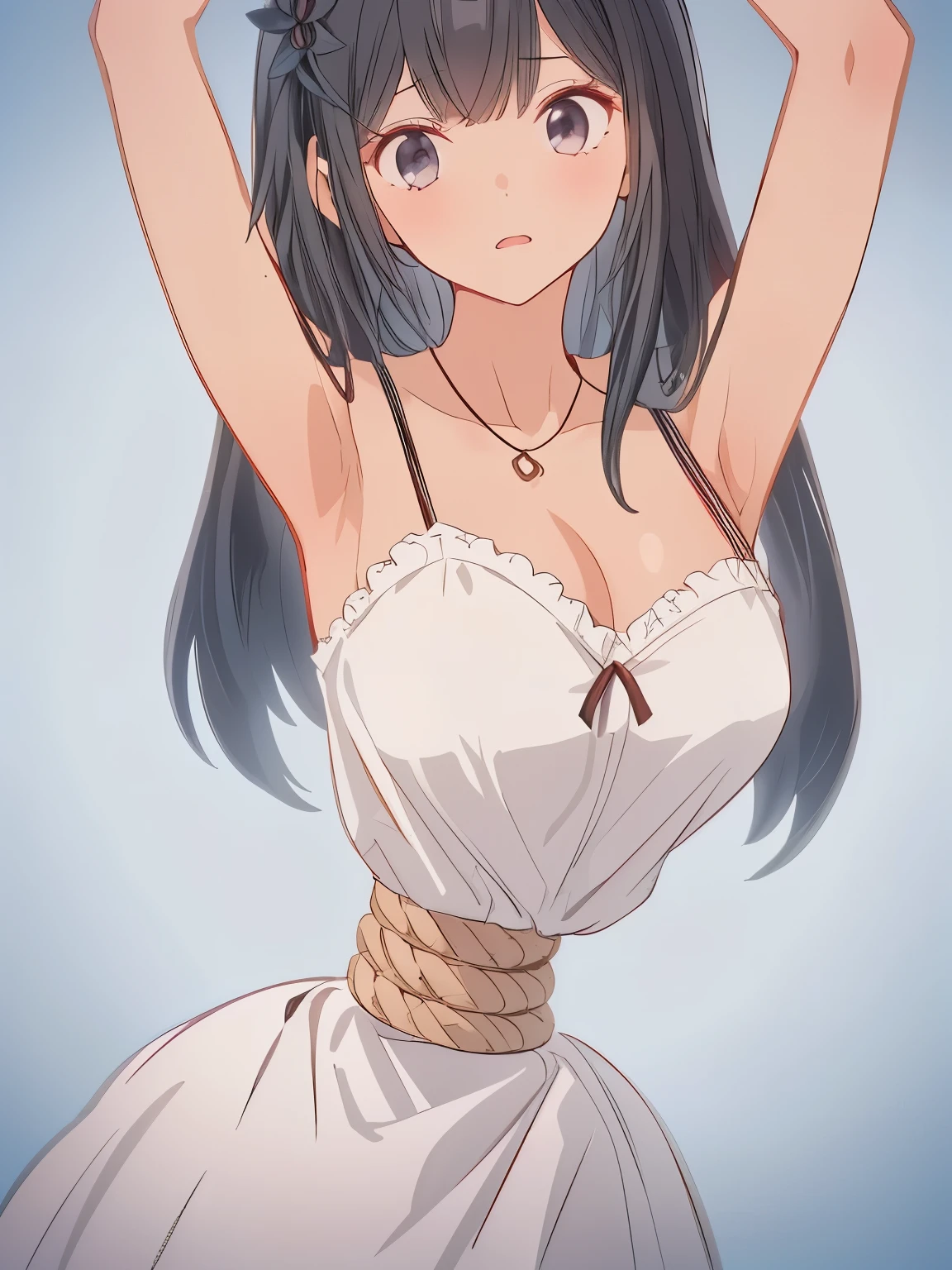 ((masterpiece)), ((highest quality)), (super detailed), torture room,(((rope strongly spueezing her waist))),pretty girl, 1 girl, alone,camisole dress,beautiful black hair, (beautiful black eyes), long hair, expression of agony