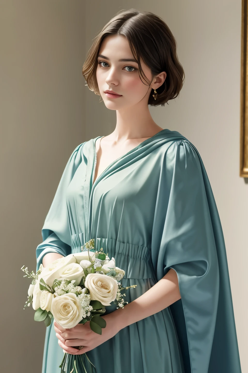 (Sargent style watercolor)、(highest quality、masterpiece)、A woman standing in front of a white wall with a bouquet of flowers, with short hair,  With ivy, wearing blue-green clothes, with flowers,high quality photos, with cloak, green clothes, photo shoot,  girl portrait, beautiful!!, wears long flowing clothes, casual pose, Simple aesthetics