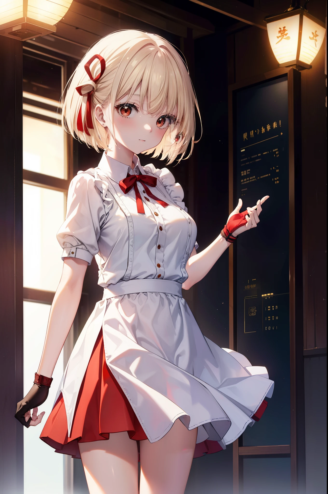 chisatonishikigi, nishikigi chisato, short hair, bangs, blonde hair, (red eyes:1.5), hair ribbon, one side up, bob cut,squinting,mouth open,smile,she was wearing a maid long skirt, white stockings on her legs, and lace gloves,I'm lifting my skirt,
break indoors, coffee shop,
break looking at viewer, (cowboy shot:1.5),
break (masterpiece:1.2), highest quality, High resolution, unity 8k wallpaper, (figure:0.8), (detailed and beautiful eyes:1.6), highly detailed face, perfect lighting, Very detailed CG, (perfect hands, perfect anatomy),