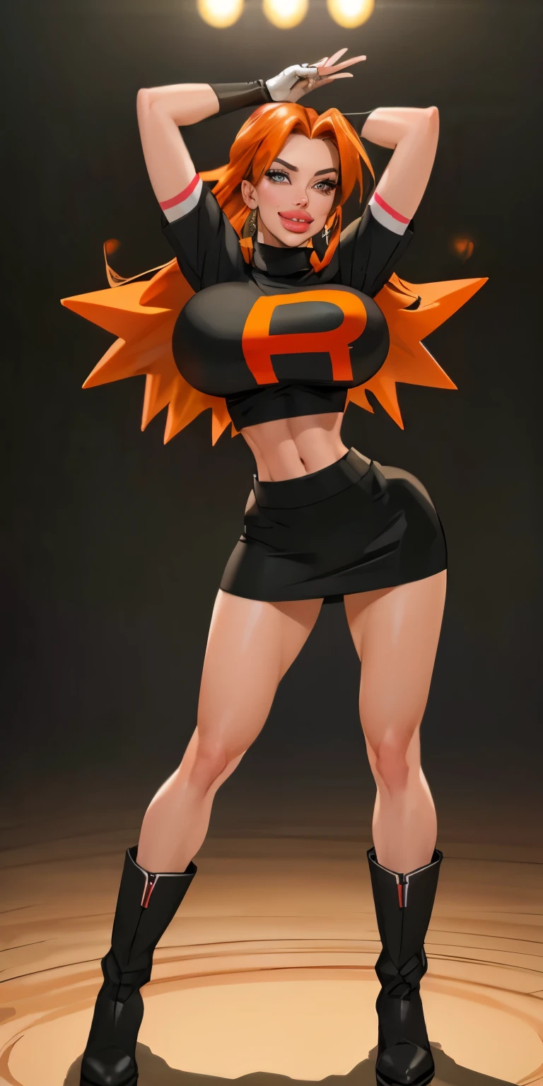 (best quality,4k,8k,highres,masterpiece:1.2),ultra-detailed),HDR,UHD,1girl, full body of beautiful jessie, (black turtleneck top), looking at viewer, volumetric lighting, best quality, masterpiece, realistic , (gigantic breasts), 1girl, face portrait of cassidy evil smile, team rocket,volumetric lighting, best quality, masterpiece, retro artstyle, ((cassidy)),(orange hair), (gigantic breasts), ((orange hair)), ((team rocket uniform)), short black skirt,midriff, ((long black boots)), pantyhose, navel, long hair, ((black opera gloves)),(best quality,4k,8k,highres,masterpiece:1.2), pokemon character, studio lighting,ultra-fine painting,sharp focus,physically-based rendering,extreme detail description,professional,bokeh,portraits,soft colors,warm lighting,glowing skin,delicate features,expressive eyes,sensual lips,flawless complexion,subtle makeup,feminine posture,ethereal atmosphere,dreamy summer vibes,golden hour lighting,warm sunlight,graceful movement,seamless integration between subject and background,subtle texture,filmic aesthetic,graceful gestures,curve-hugging outfit,vibrant color palette,soft focus