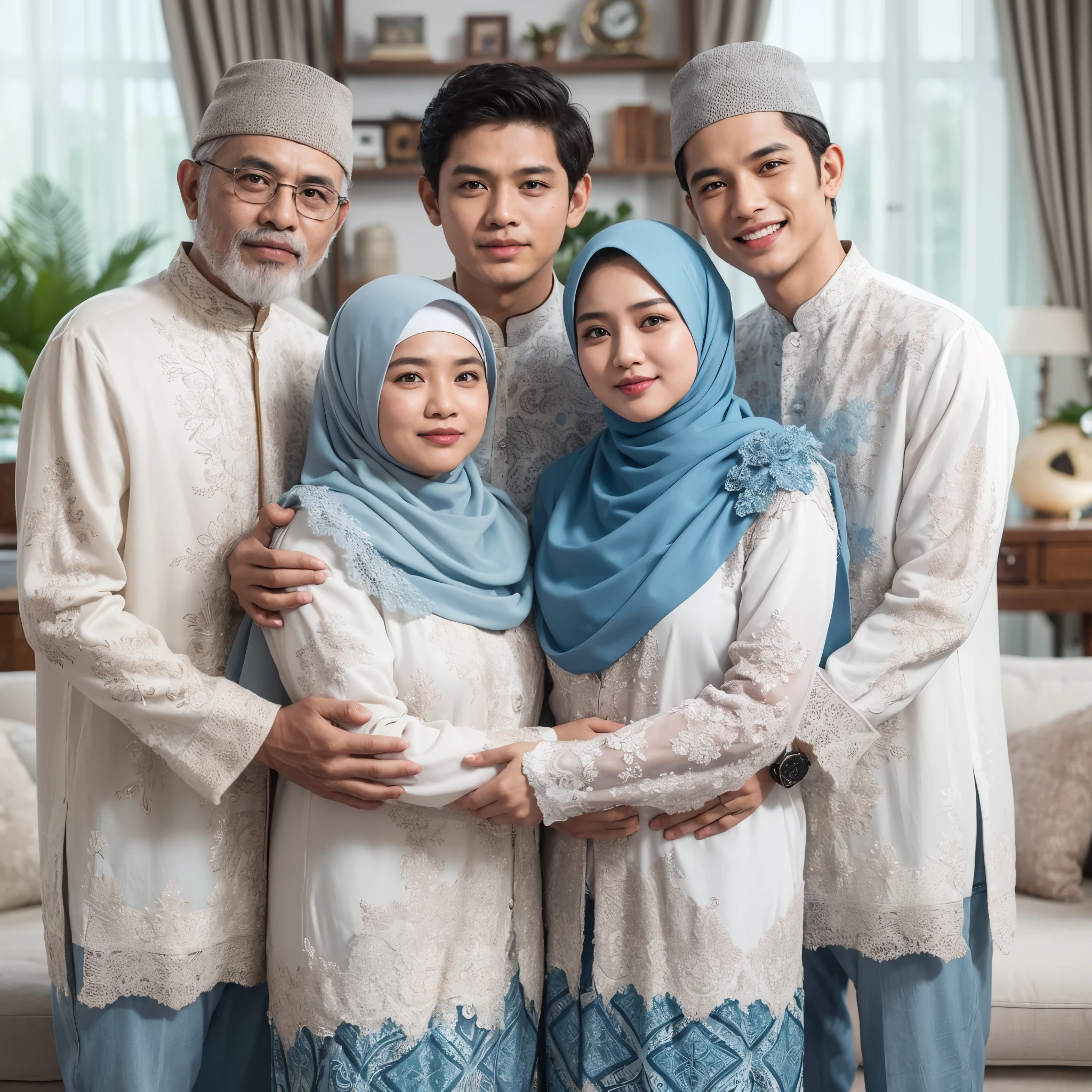 foto keluarga Indonesia, ayah dan ibu berusia 55 tahun, dua pria usia 35 tahun dan satu wanita usia 30 tahun, mereka kompak mengenakan pakaian batik Muslim putih dan gaun panjang biru yang serasi, mengenakan hijab, latar belakang ruang tamu mewah, saling mendekap, pose profesional, fotografi terbaik, detail, ultra HD, mahakarya, 8K