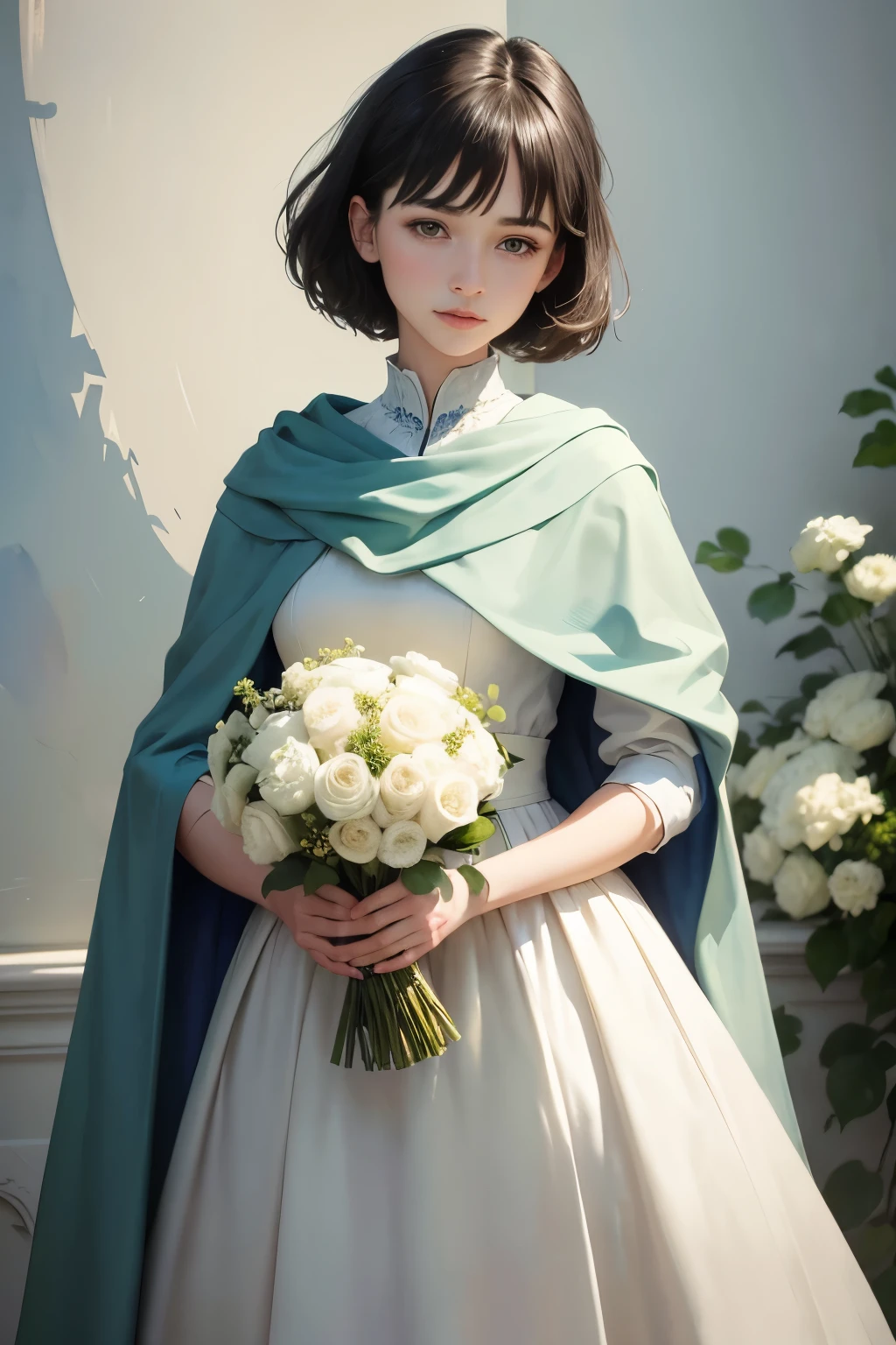 (Sargent style watercolor)、(highest quality、masterpiece)、A woman standing in front of a white wall with a bouquet of flowers, with short hair,  With ivy, wearing blue-green clothes, with flowers,high quality photos, with cloak, green clothes, photo shoot,  girl portrait, beautiful!!, wears long flowing clothes, casual pose, Simple aesthetics