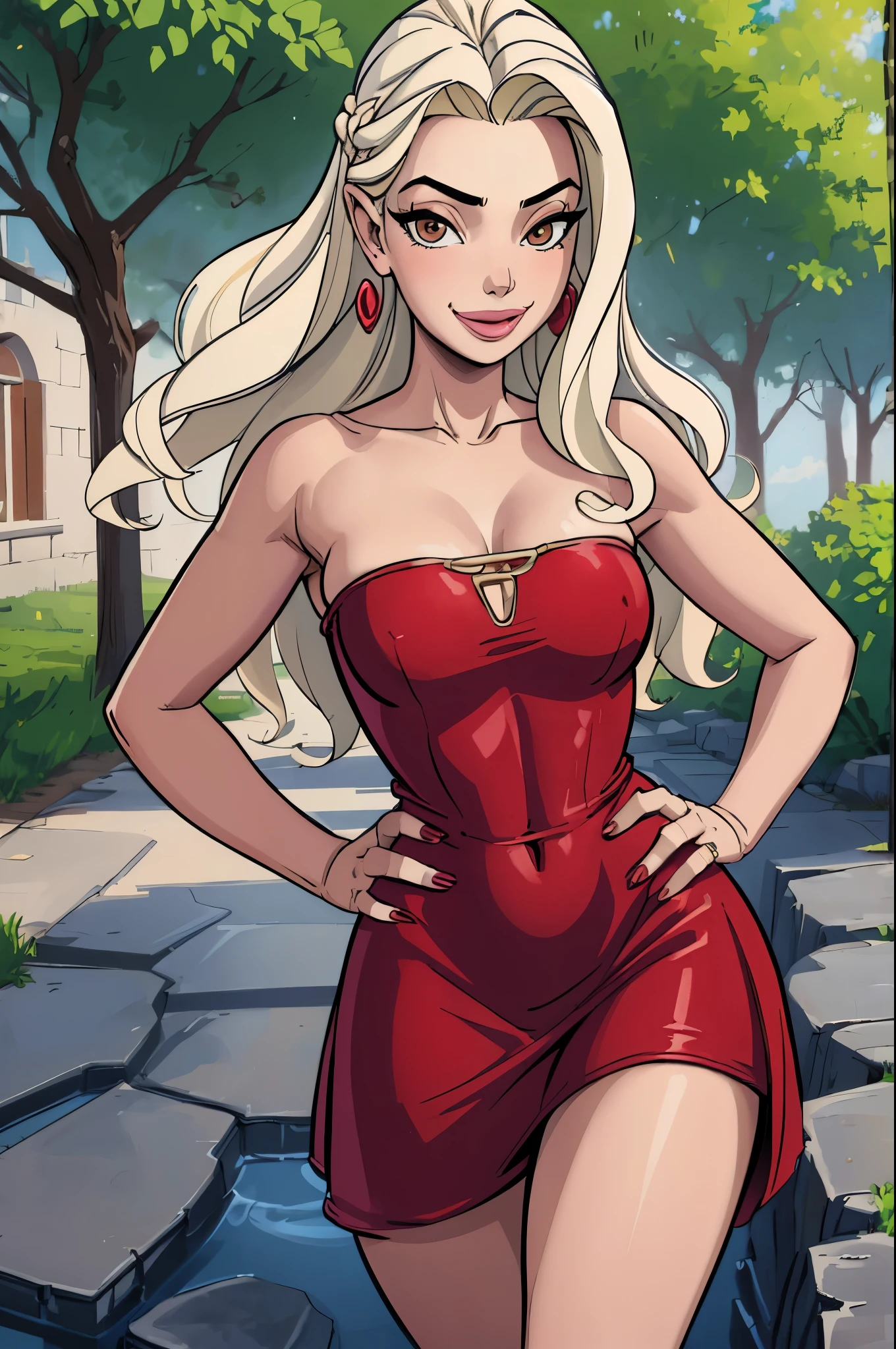 (masterpiece, best quality:1.2), sleepygimp, 1girl, solo, dress, jewelry, long hair, hand on hip, earrings, red dress, blonde hair, brown eyes, outdoors, looking at viewer, day, strapless, smile