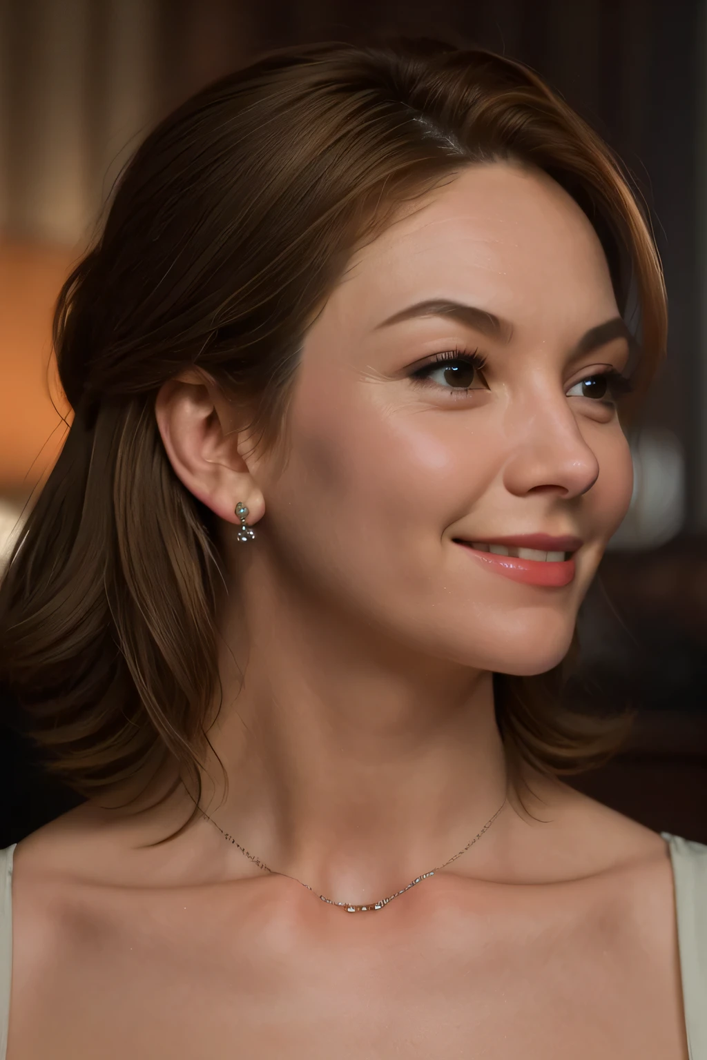 genuine, genuineistic, atmospheric scene, masterpiece, highest quality, (detailed face, skin texture details, Ultra precision body:1.1),cinematic light,
D1An31AN3-SMF, 1 girl, alone, jewelry, genuineistic, earrings, brown hair, necklace, smile, sweet