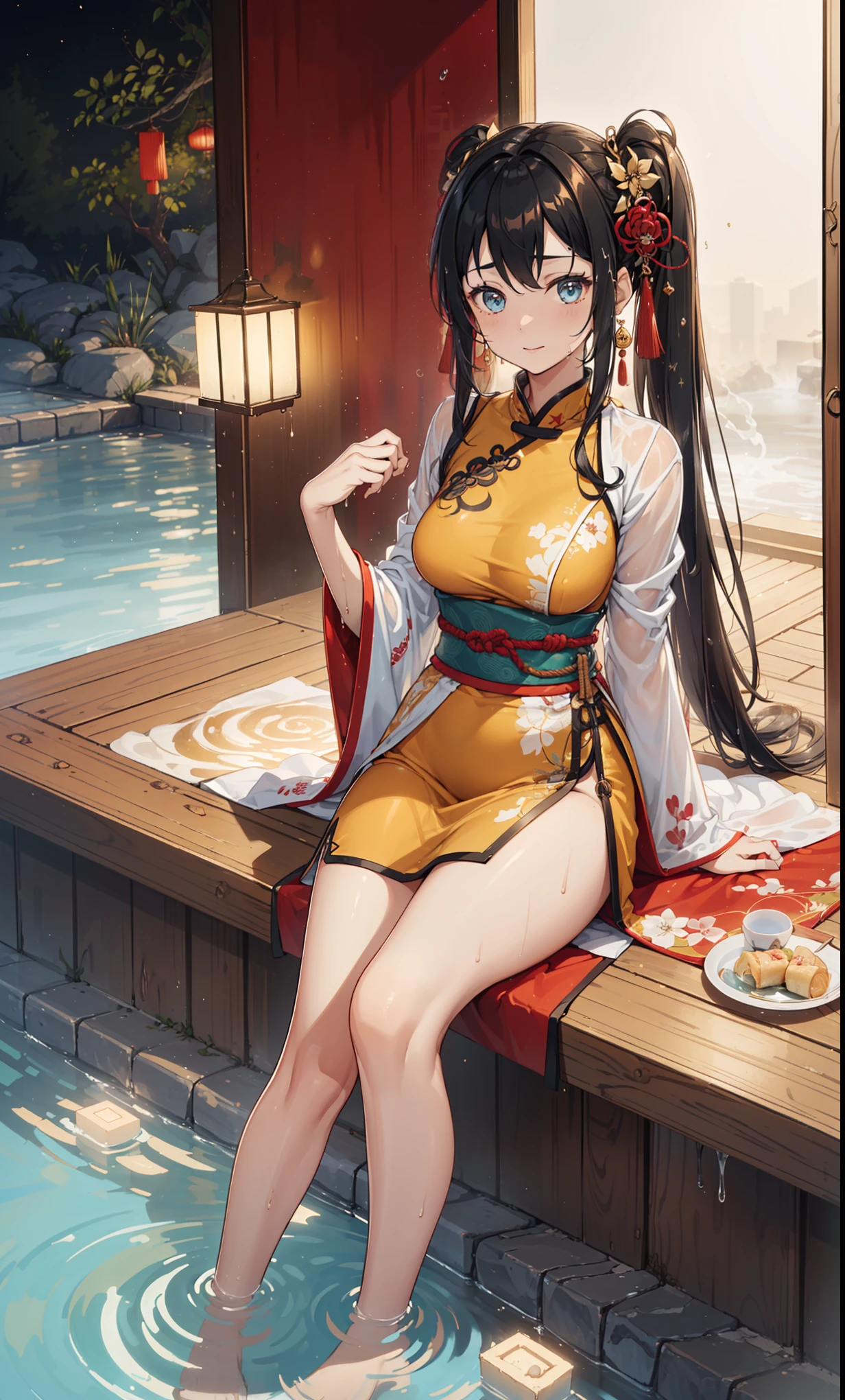 top quality，best resolution，(Pure black long cheongsam，yellow texture），Super detailed, She has a golden twintails，20-year-old young girl，gorgeous的雕纹，Design intricate clothes，light eyes，she has earrings, wealth，gorgeous，Vision, Vision，Elegant and charming，Mildly curvy figure，((白色的soaking wet的透明的吊带袜)),((soaking wet，Adjacent to ancient Chinese hot springs))，night，little lighting，posture