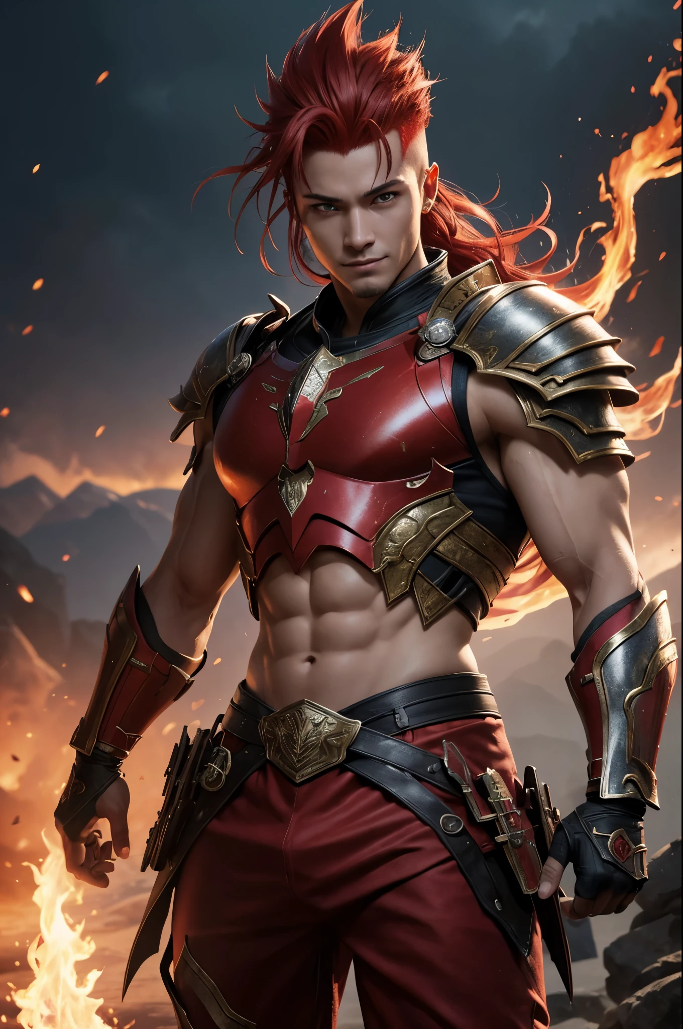 8k、alone、smileの16歳の炎神の女神,Super beautiful(like the real thing),red eyes,Super beautiful,beautiful red mohawk hair,Flashy flame god makeup,sexyな赤い炎の胸鎧,sexy,Remains,amazing work of art、wind effect:1.9、cloud effect:1.2,full rendering、unreal engine,ultra high resolution,super realistic skin,Super precise hand details,fantasy art,Photorealistic RAW photos of the highest quality。Backlight, cinematic lighting, film grain, to be born, 50mm lens, Nikon D850,realistic skin,fantasy art,character art,ultra high resolution,Macho with a muscular slender body,Precise facial details,smile,Improve the quality of facial expressions,accurate human body structure,perfect hands,Flame Hair Ornament,red flame shoulder armor,red flame gauntlet,red flame leg armor,Violent and strongly cracked abdominal muscles,