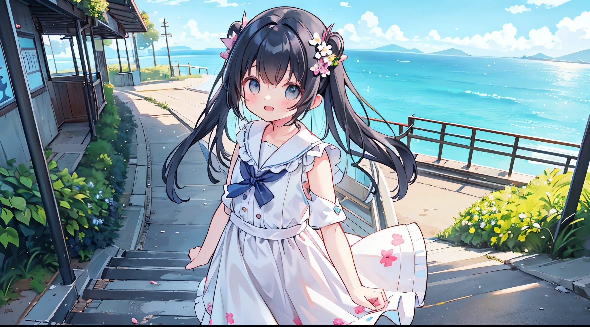 bustup、morning、Girl walking on a path parallel to the railroad tracks、Raising the right hand、Vigorous、You can see the sea in the background, I see the train、( hair adornments、Floral hair ornament)、 masutepiece, Anatomically correct、A smile, radiant light、Shinkai Makoto style
