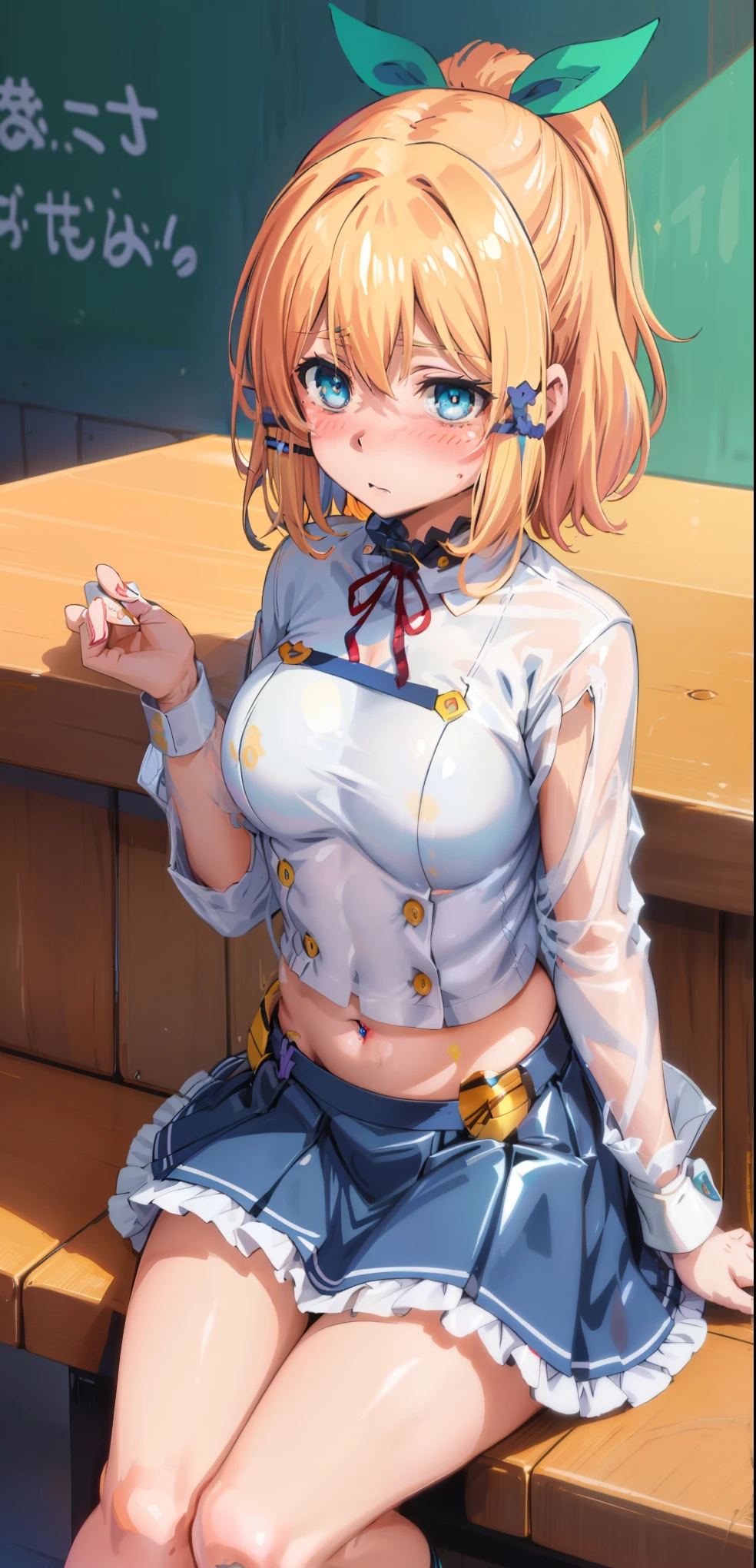 masterpiece,best quality, ultra-detailed,1girl(sakurai momoka, lovely small breasts, glow skin, wavy hair, long hair, blonde hair, headband(red ribbon),green eyes),a come-hither face, parted lips, glow lips, head tilt, facing viewer, looking at viewer, nose blush, blush, solo, nipples,covered nipples, navel, denim short shorts, shorts pull, undress, pink panties, fishnets pantyhose, in the locker room,  standing, lure, come-on,  sexy waist teasing , from_below,  undressing 