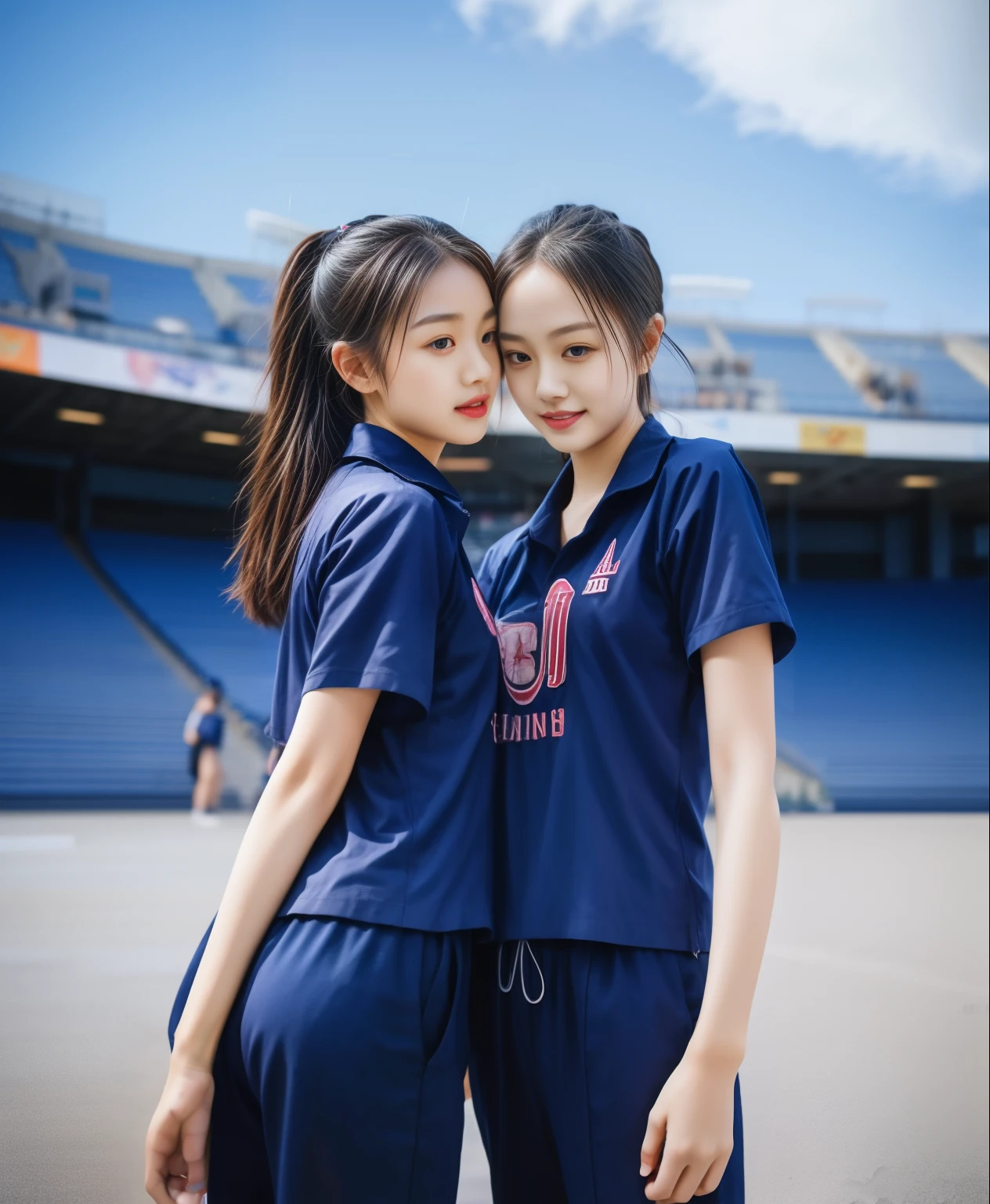 (best quality,10,10,height,Masterpiece:1.2),Special details,(realistic,ภาพrealistic,Realistic photos:1.37),1 cute girl on the football field,shiny, ผิวshiny,only,smile softly,BDclothelue shirt:1.3)),short sleeve,shirt, กางเกงขาlong.,(navy_long_track pants:1.1), ((stadium background:1.3)),Dynamic angle,excited,Face focus,dynamic poses,from behind,focus on ass,Masterpiece, best quality, ultra realistic, hyper-detail, 8K resolution, raw photos, Sharp focus, ((Navy blue shirt:1.1)), short sleeve, เส้นทางlong, perfect body, 2 mature women, 18 years old, Cinema-grade lighting system,blue sweatpants,shirtผ้าออกกำลังกาย,correct anatomy,perfect body, correct body, Sharp face, correct bodyทางกายวิภาค, full body, realistic gestures, long-haired, realistic poses,Wear long shorts................................,ช่วงขาlong,Good shape,carved girl, Slender figure, model, Good shape, beautiful body,blue sweatpants, two girls kissing