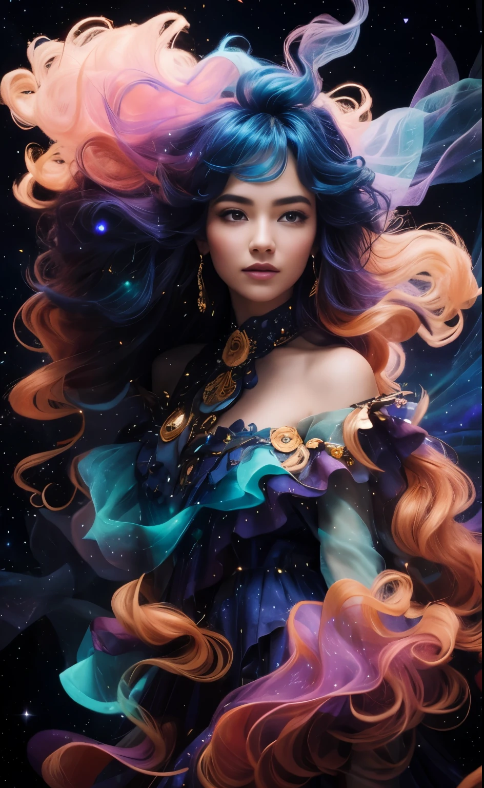 Envision a celestial being, a woman whose dress and hair are made of cosmic elements, standing on a cliff against a backdrop of the starry night sky. Her gown flows and undulates with the vibrant colors of a nebula, blending fiery oranges, reds, and yellows with the deep blues and purples of the cosmos. Her hair is windswept and intermingles with the stars, giving the impression that she is one with the universe. The scene is ethereal and otherworldly, with the figure outlined by the luminescent glow of stardust and cosmic energy. The mood is one of awe and the sublime beauty of the universe, captured in a single, breathtaking moment. by Skyrn99, high detail, high quality, high resolution