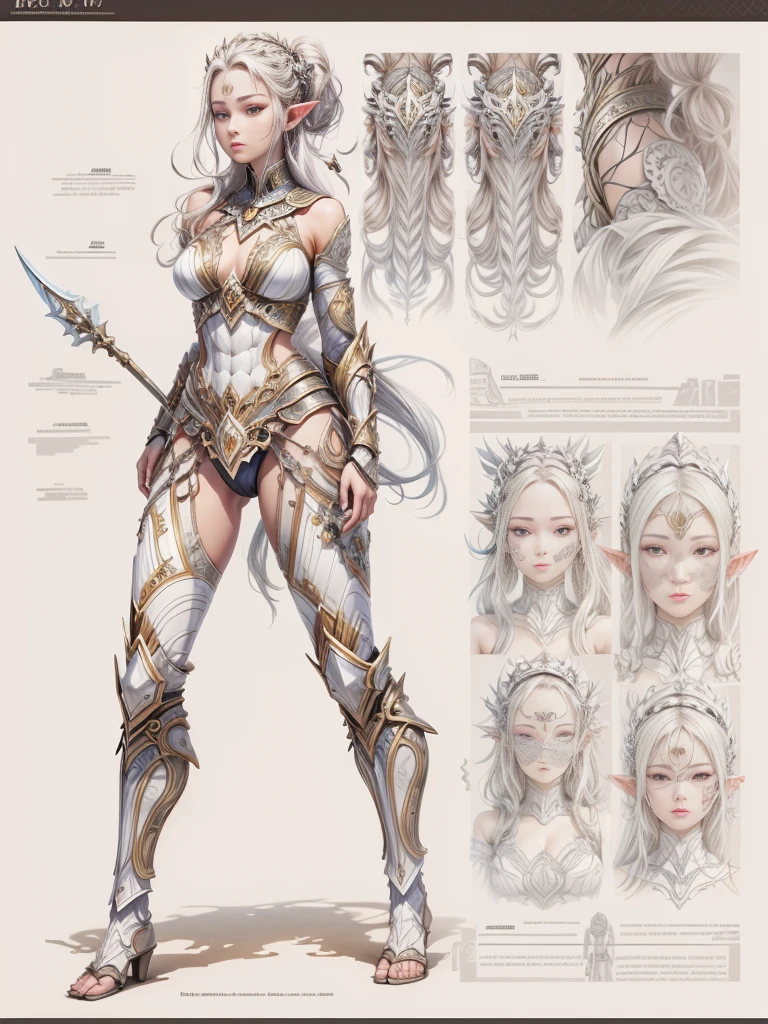 （character design sheet:1.5），((whole body))，1 powerful and beautiful female warrior from the Elf tribe，（Orderly rows:1.2，spaced apart:1.2，No overlap:1.2），((clear lines，clean background，White background, UHD, masterpiece, ccurate, anatomically correct, textured skin, super detail, high details, best quality, 8k))