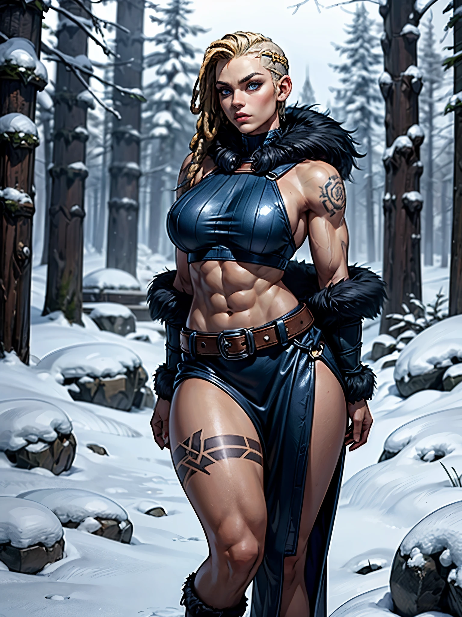 Female viking, (young:1.2), (muscular:1.2), fit, wearing brown furs and hides, (wearing furs:1.3) (blue norse tattoos:1.2), blue eyes, platinum blonde hair, (Dreadlocks:1.4), (Dreads:1.4), (Sideshave:1.4), warrior hair, Setting is a Scandinavian forest in winter, snow, bare arms, exposed naval, (abs:1.2). Highly detailed, norse, berserker, arm muscles, leg muscles, (bulky:1.2), leather straps, (large breasts:1.4), waist up, wide waist, stocky, (tall:1.4)
