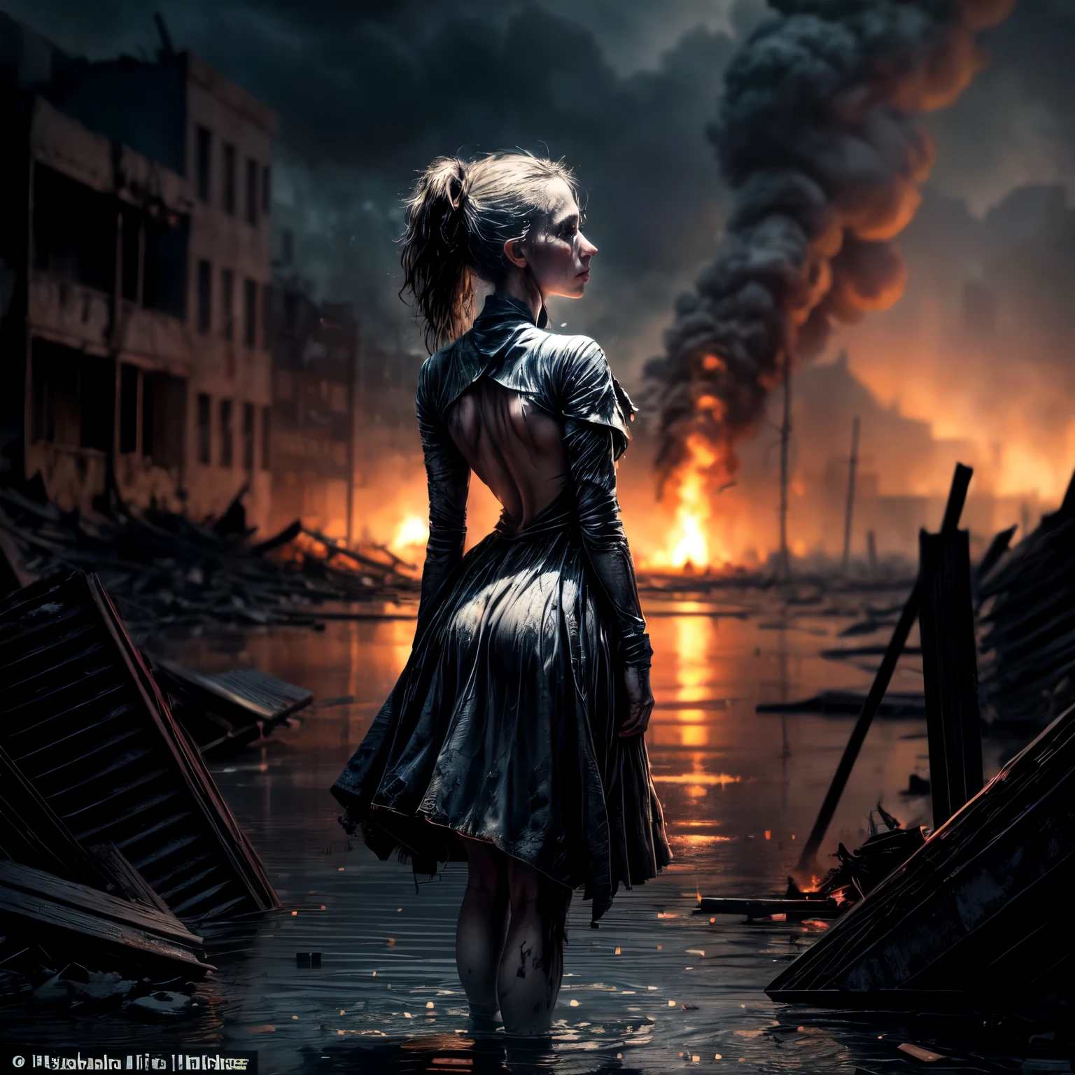 ((best quality)), ((masterpiece)), (detailed),In the aftermath of unfathomable tragedy, the woman stands with solemn determination amidst the devastation. From a back view angle, her face is visible, etched with a mix of grief and resolve as she surveys the somber scene before her.

The ground beneath her feet is littered with the lifeless bodies of thousands, their silent forms a testament to the brutality of war. Flames rage unchecked, casting an eerie glow over the desolation, while patches of water offer a stark contrast amidst the chaos.

Despite the overwhelming sorrow that surrounds her, the woman's expression remains steadfast, her eyes reflecting a steely resolve to persevere in the face of despair. Though her heart may ache with the weight of loss, she refuses to yield to despair, standing as a beacon of strength and resilience amidst the ashes of devastation.